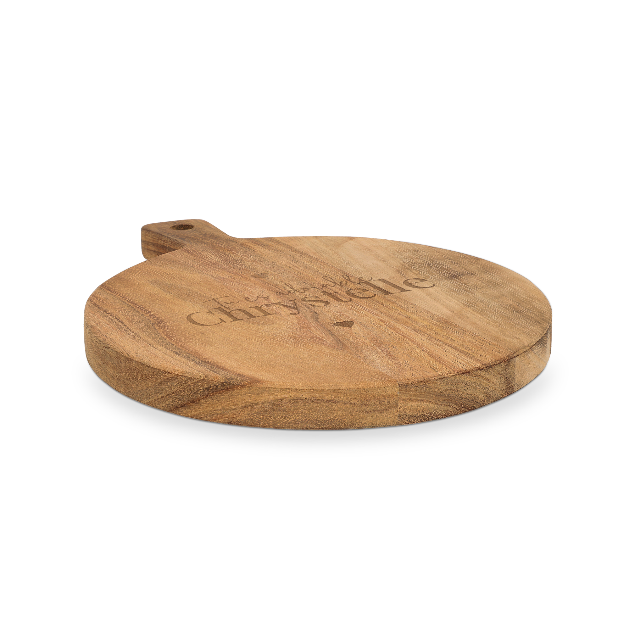 Planche de service en bois ronde avec poignée gravée avec le prénom Chrystelle et le texte Tu es adorable