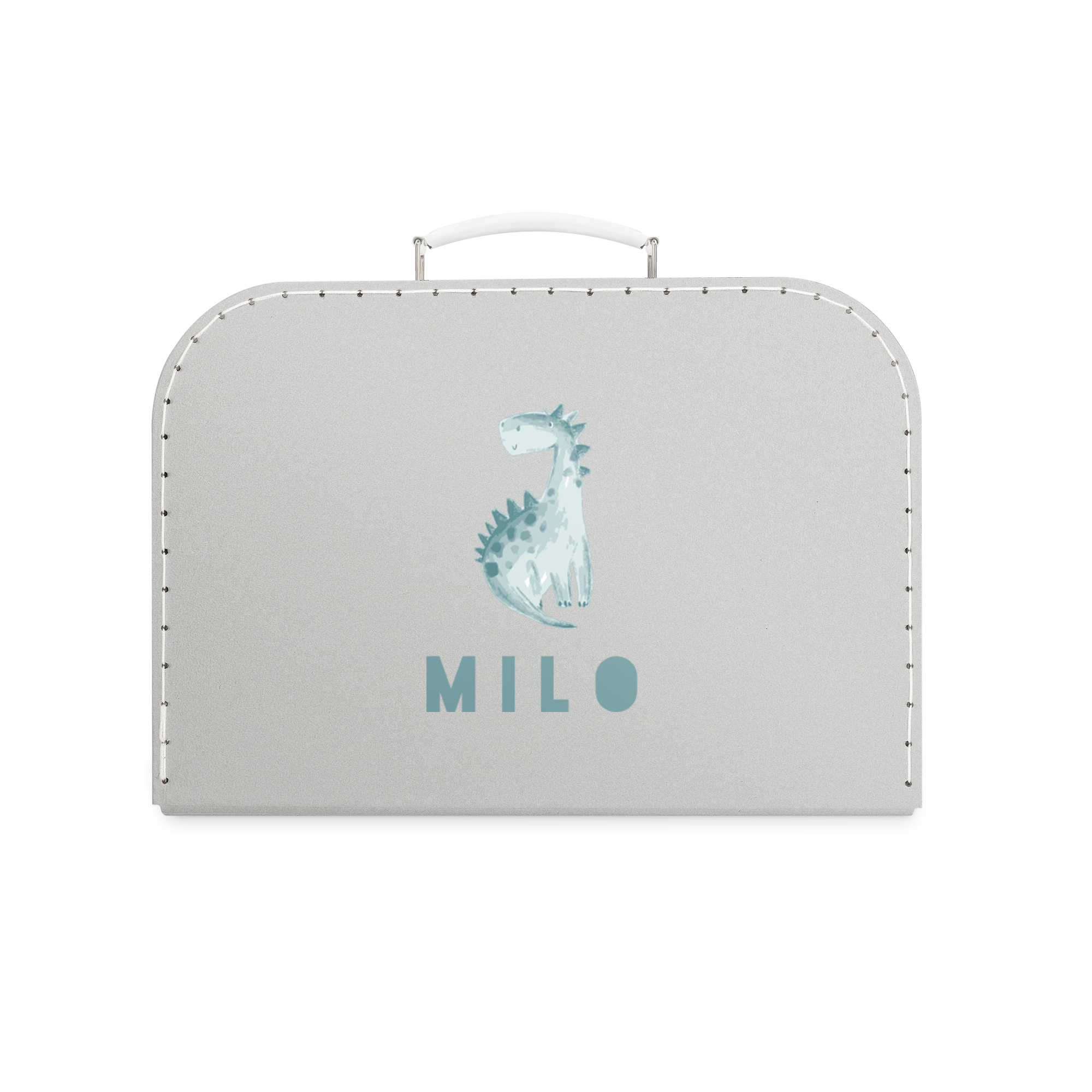 Valisette pour enfants grise personnalisée avec un prénom et un motif dinosaure. Rangez les affaires et souvenirs les plus importants de votre enfant dans cette valisette à personnaliser.