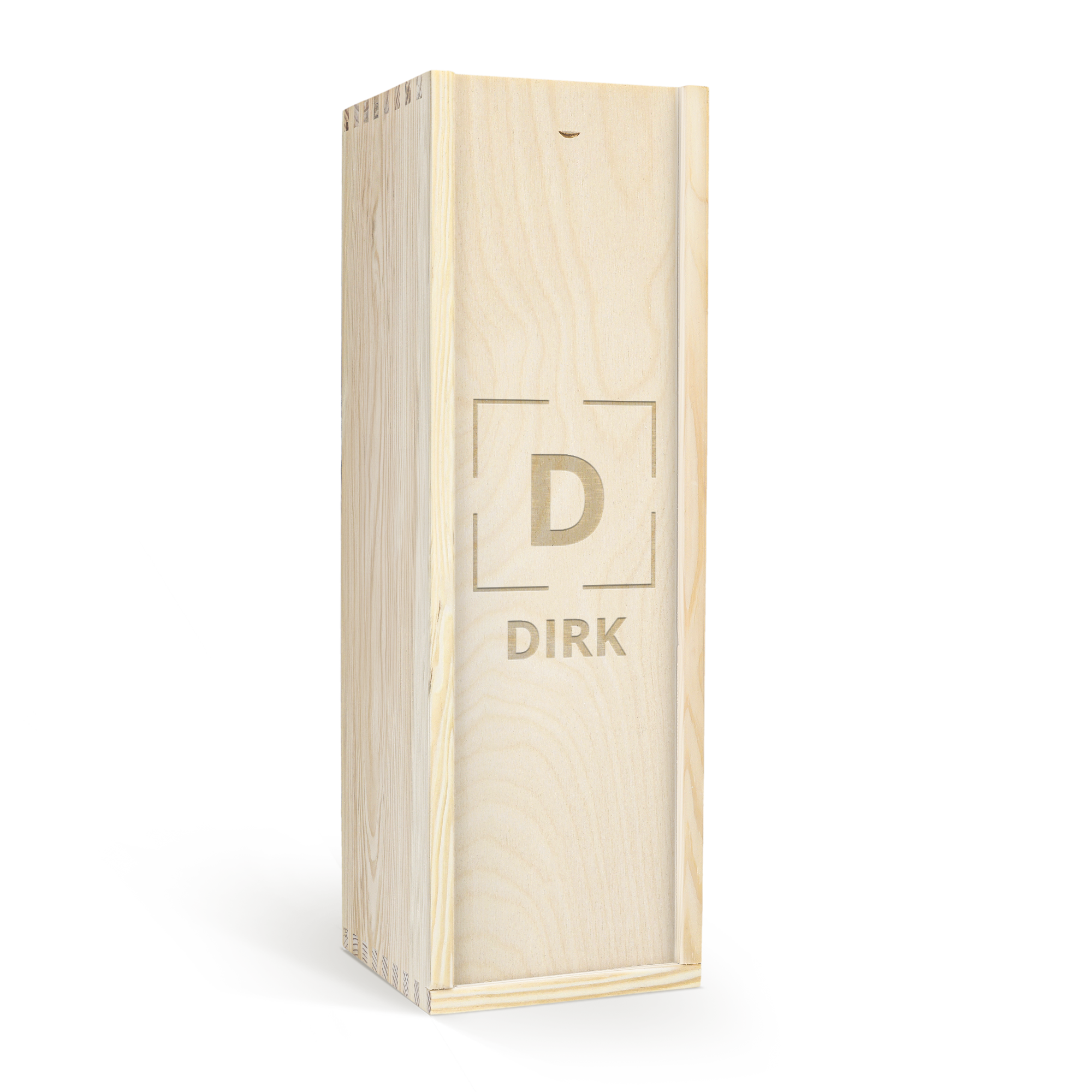 Helle Holzgeschenkbox mit Name Dirk und großem D graviert, zum Verschenken einer Flasche Graham's The Tawny Reserve in gravierter Holzkiste