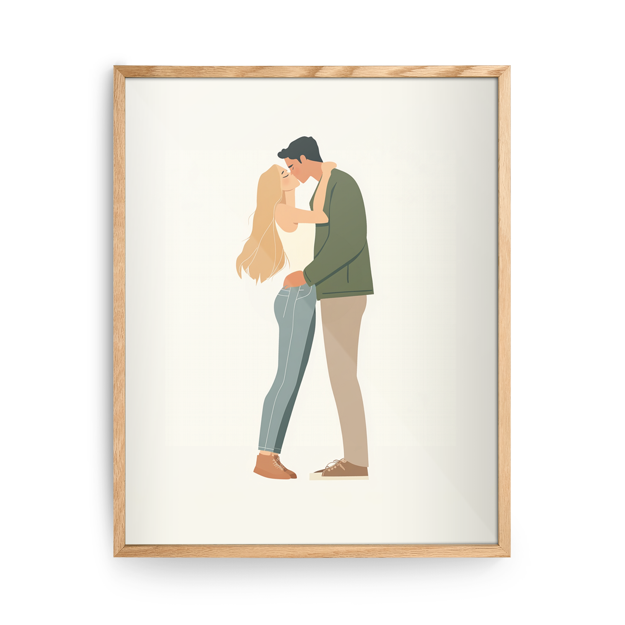 Poster personalizat cu ramă de stejar și ilustrația unui cuplu îmbrățișându-se, imprimat cu o fotografie aleasă de client.