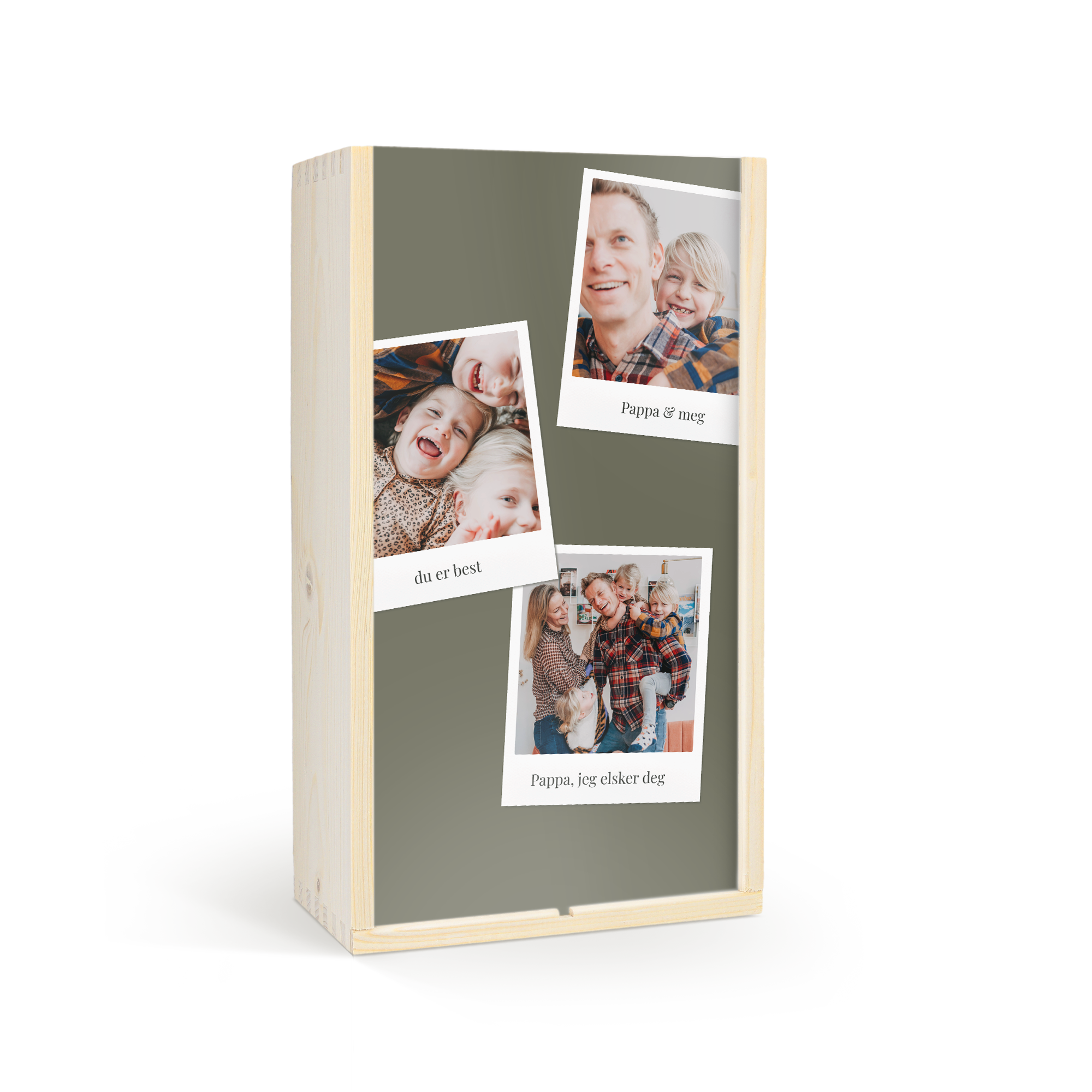 Ha en fantastisk vinkasse trykt med dine egne bilder og teksten "Pappa & meg" og "Pappa, jeg elsker deg".