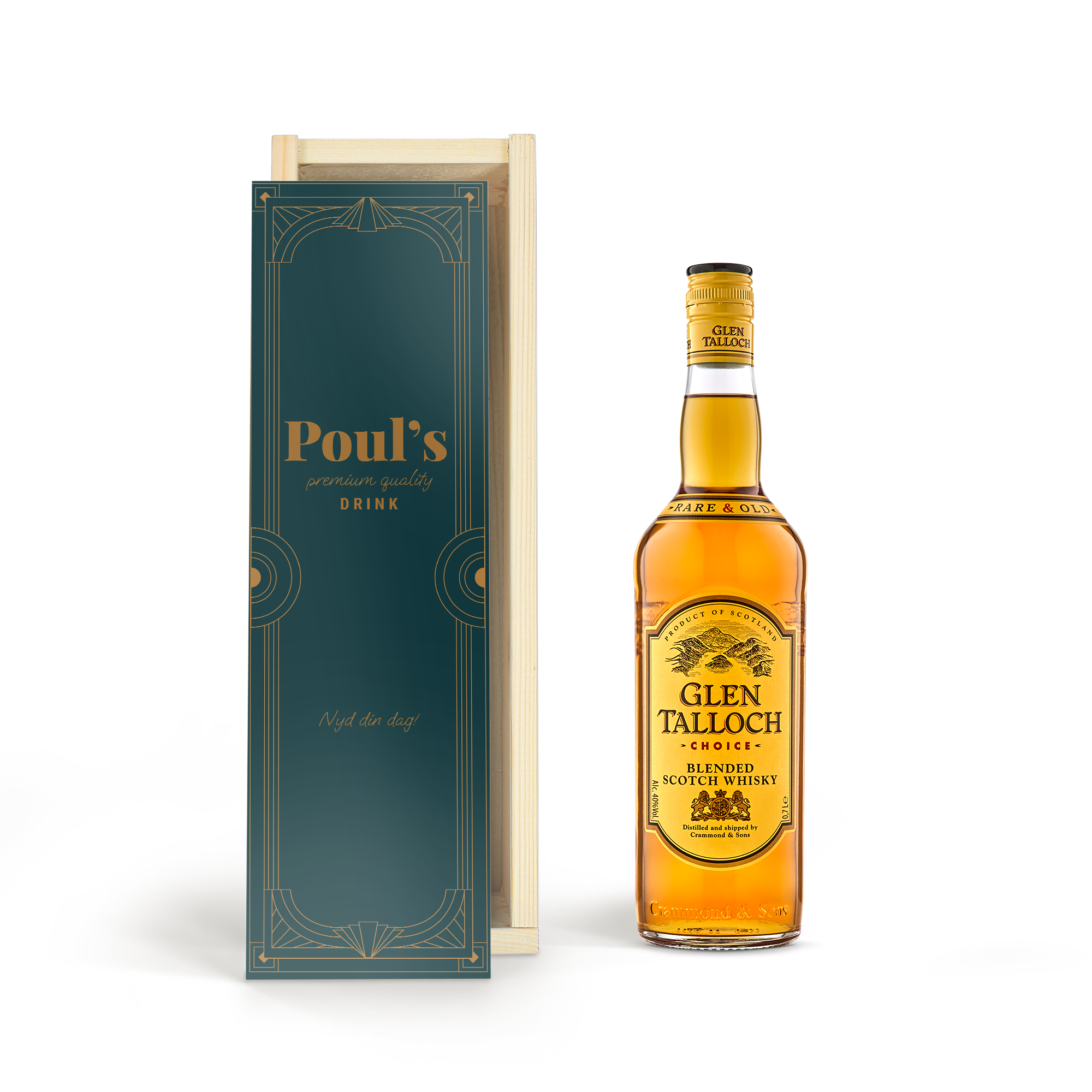 Flaske Glen Talloch whisky og en personlig trækasse med teksten "Poul's" og "Nyd din dag"