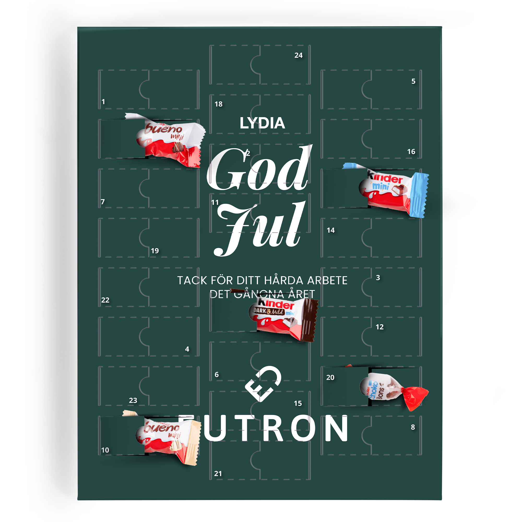 Personaliserad kinderchoklad nedräkningskalender med namnet Lydia och texten God Jul samt Tack för ditt hårda arbete det gångna året. Fylls med egna Kinder-godsaker.