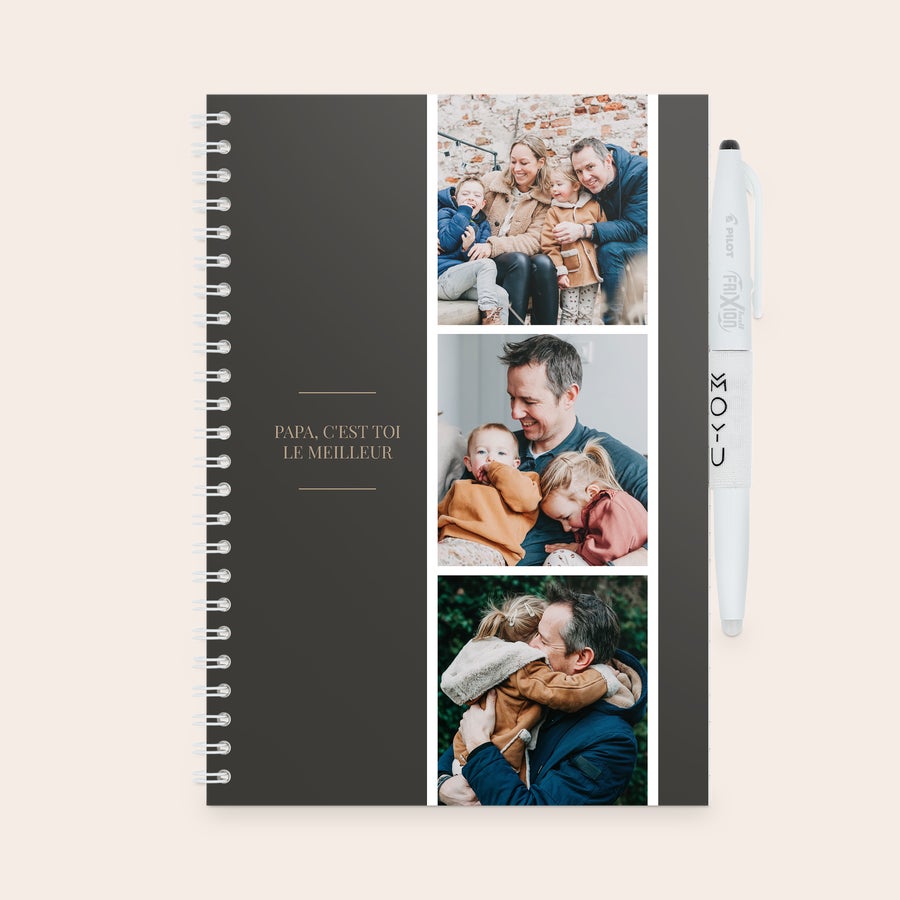 Carnet de notes effaçable personnalisé MOYU Carnet effaçable personnalisé MOYU gris avec 3 photos de famille et texte Papa cest toi le meilleur, stylo blanc inclus pour améliorer la prise de notes