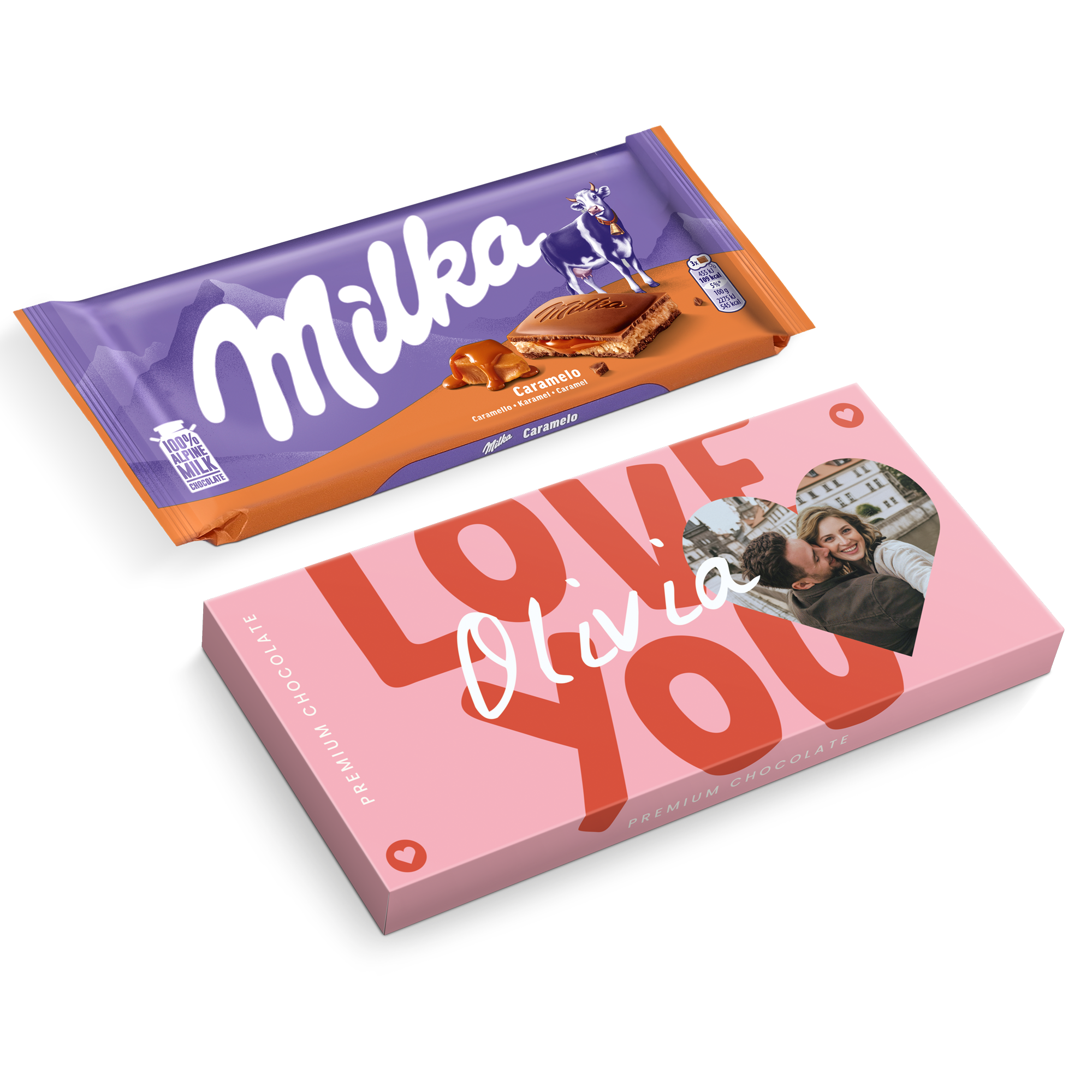 Personalized Milka bar Caramel printed with a photo and name on a pink gift box