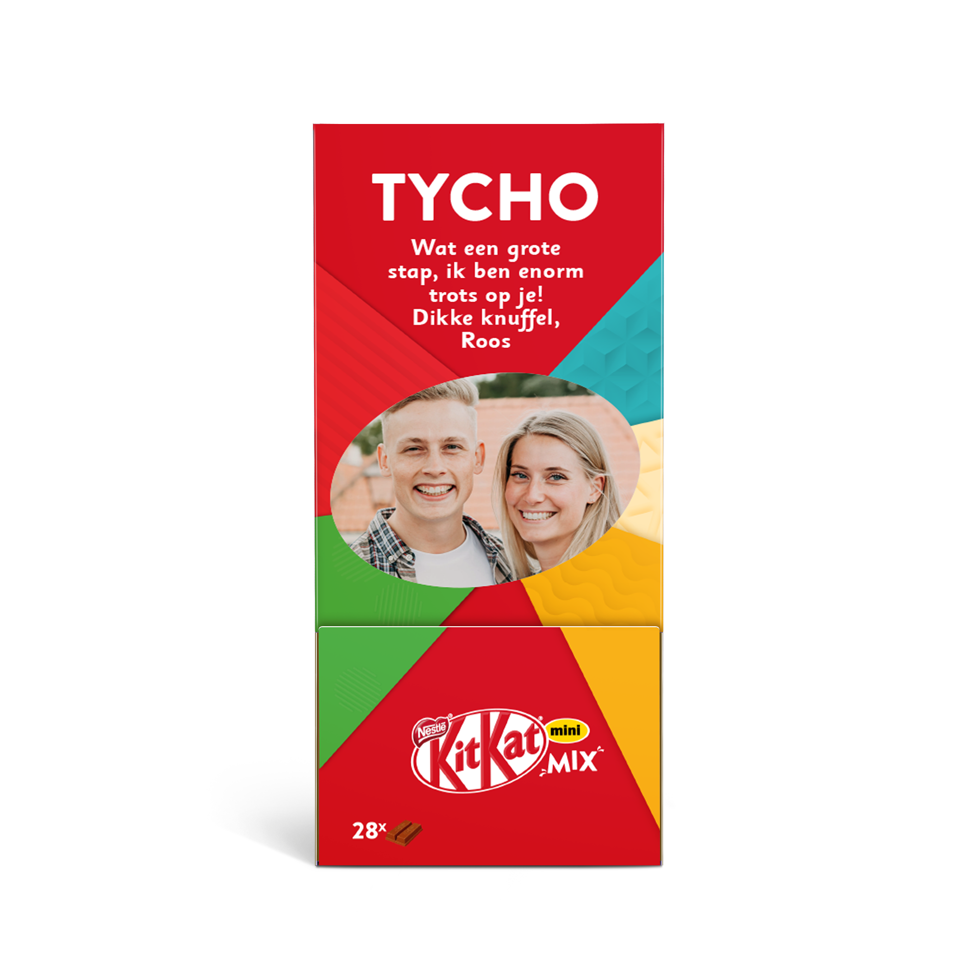 KitKat Mini Mix Dispenser bedrukt met foto van een koppel, de naam Tycho en de tekst "Dikke knuffel, Roos"