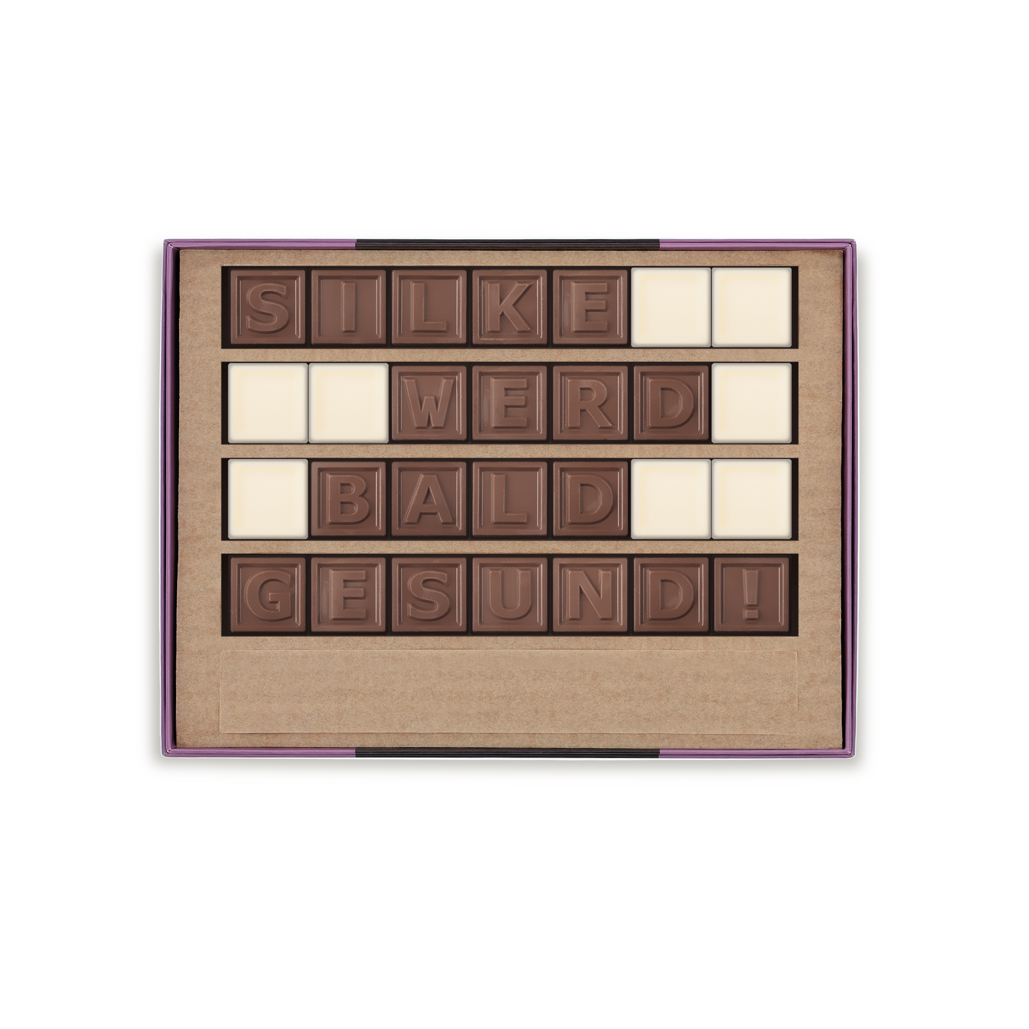 Schokoladentelegramm mit der persönlichen Nachricht SILKE WIRD BALD GESUND aus Milch- und weißer Schokolade