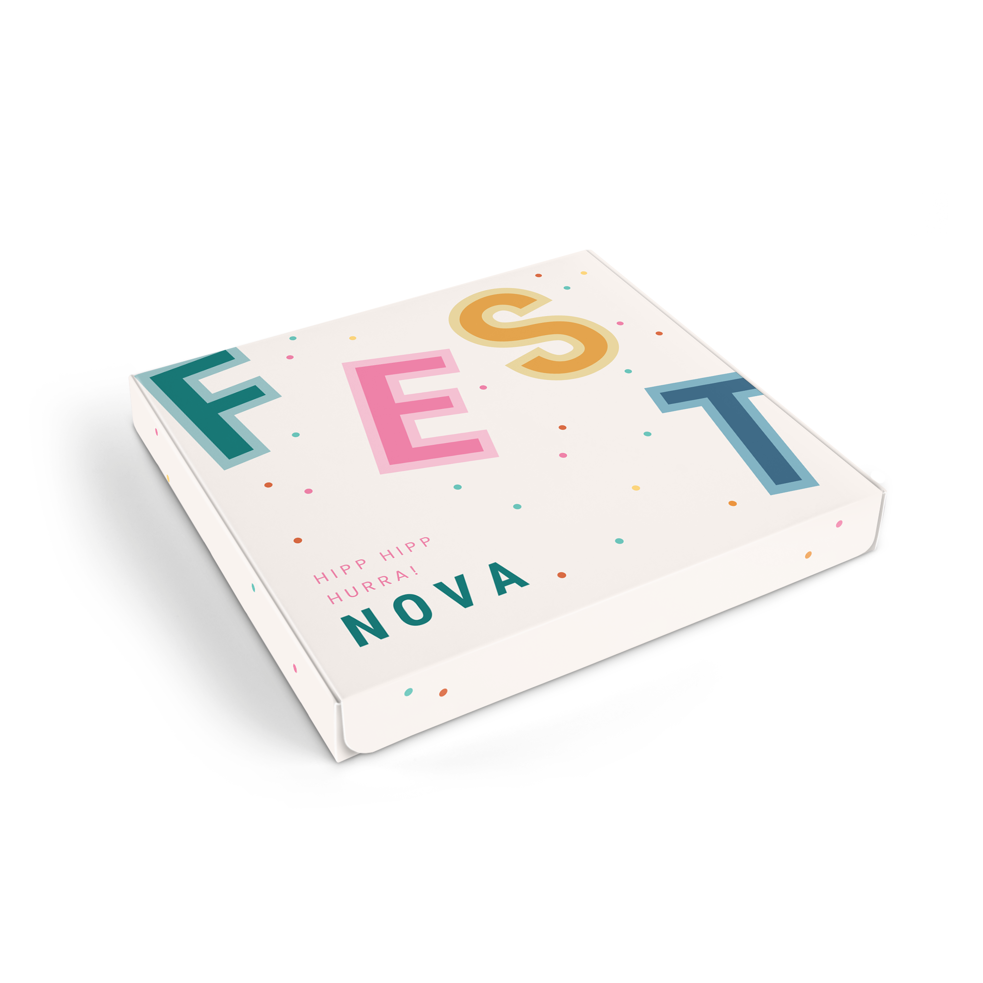 Chupa Chups Briefkastengeschenk, bedruckt mit bunten Buchstaben FEST und Name NOVA