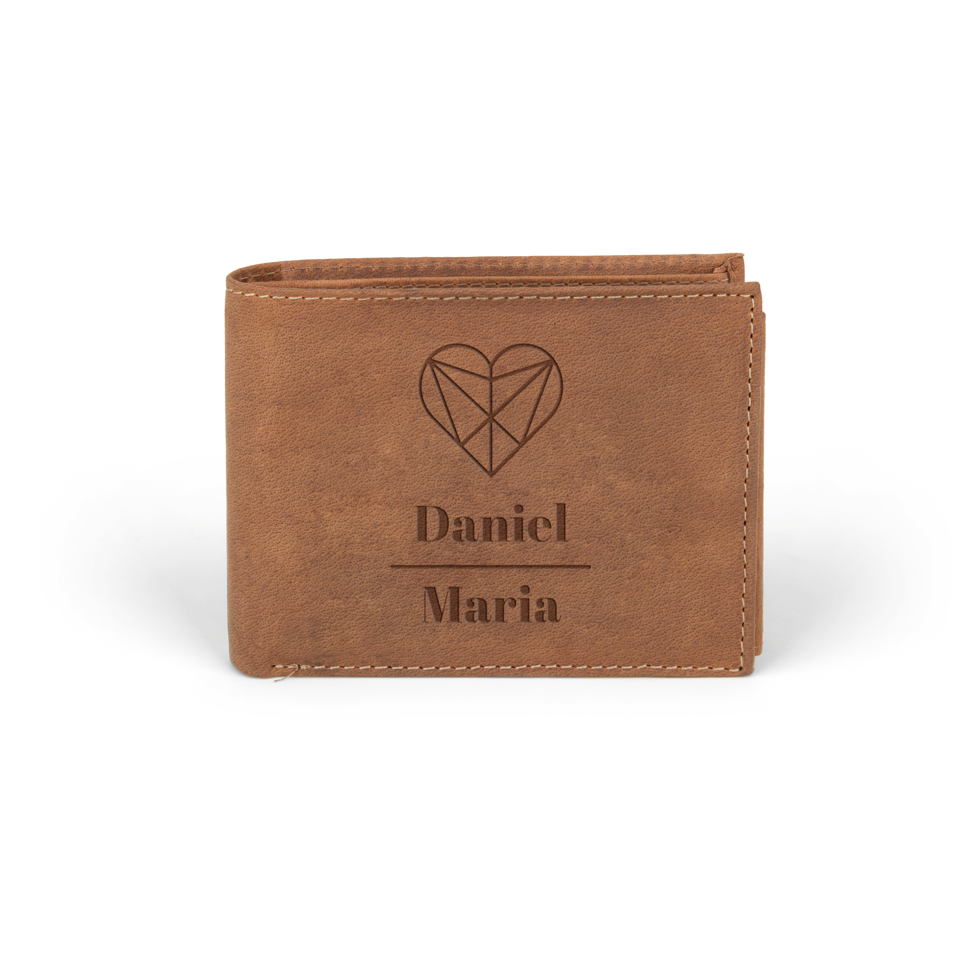 Brun personlig lommebok i skinn med gravert design, navnene Daniel og Maria. Overrask mennene i livet ditt.