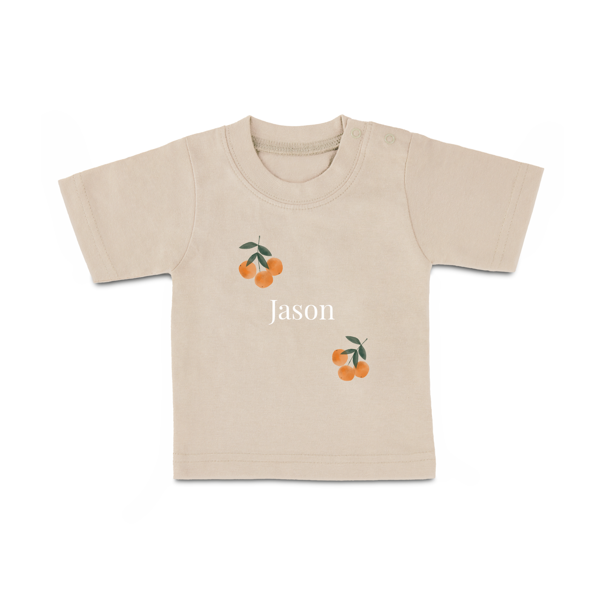 Bež otroška majica z natisnjenim imenom Jason in pomarančnim vzorcem, personalizirana z imenom.