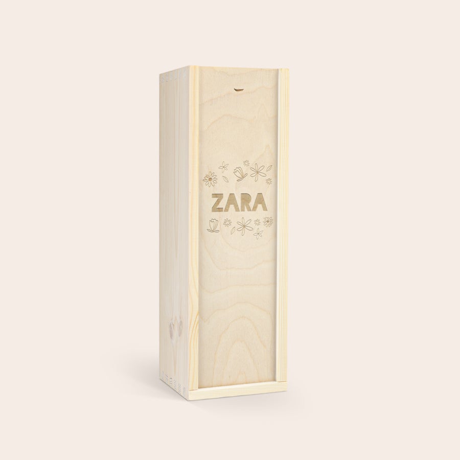 Champán sin alcohol - Kidibul Caja de madera para los más pequeños grabada con el nombre Zara y un diseño floral, ideal para champán personalizado.
