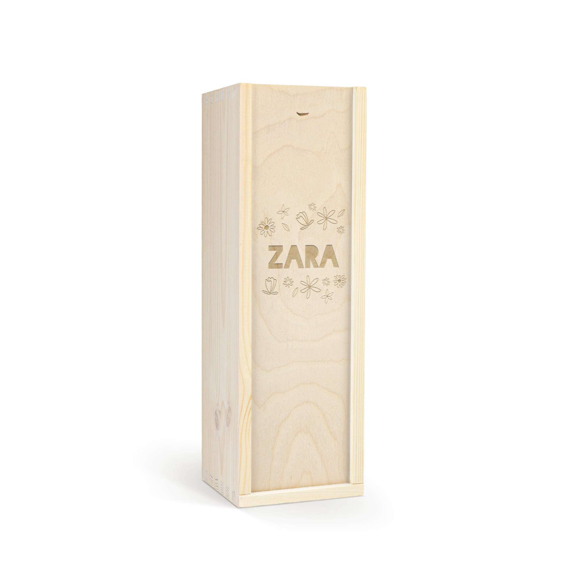 Personalized non-alcoholic children's champagne in an engraved wooden case with the name Zara and flowers