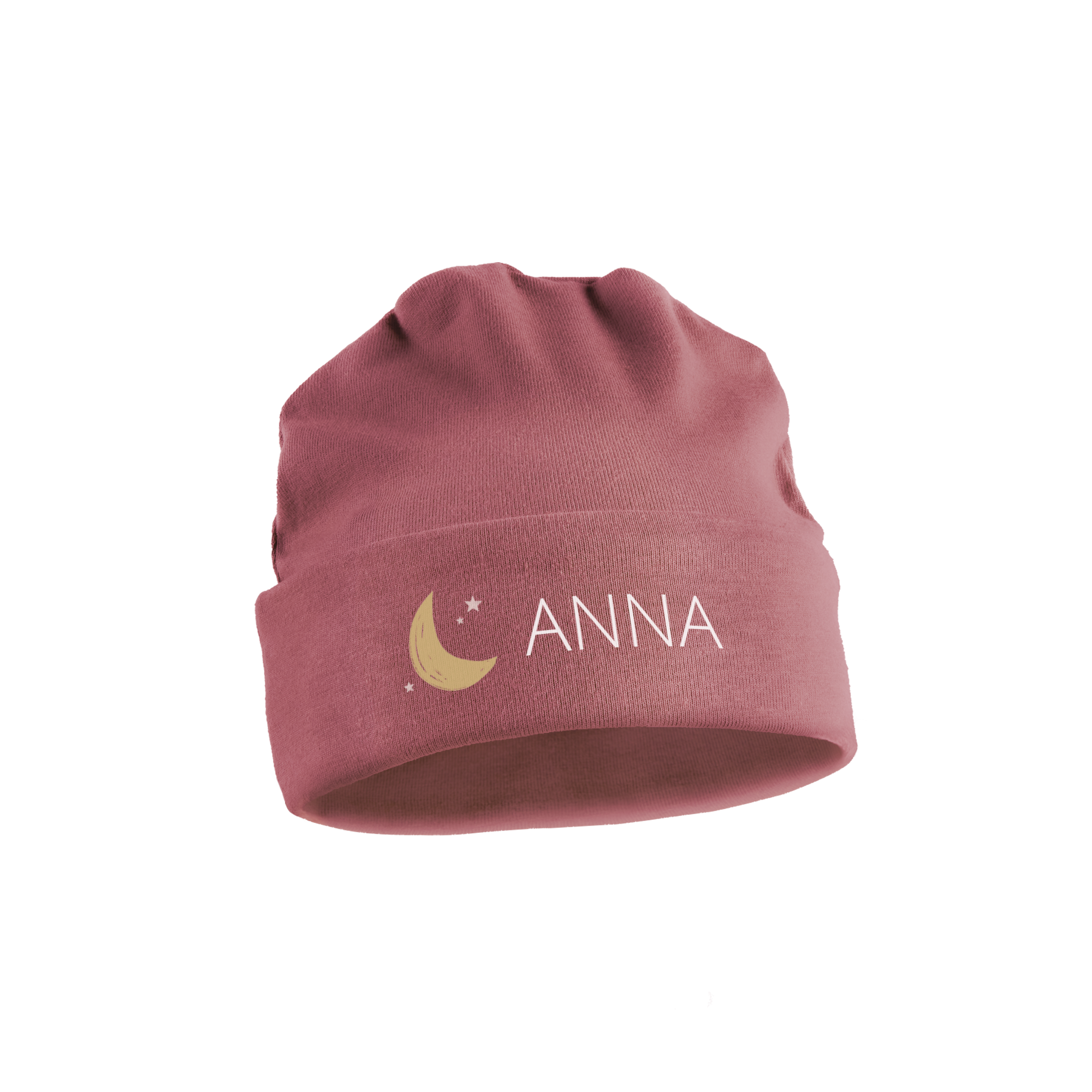 Pălărie bebeluș roz imprimată cu nume personalizat Anna, lună și steluțe, din bumbac organic moale