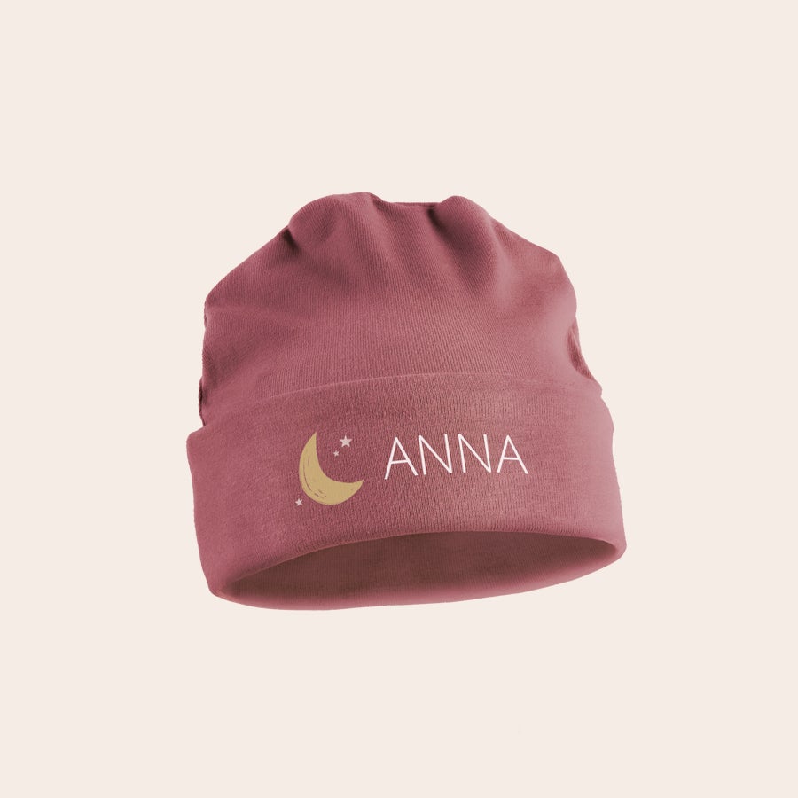Cămașă pentru bebeluși personalizată Pălărie bebeluș roz imprimată cu nume personalizat Anna, lună și steluțe, din bumbac organic moale