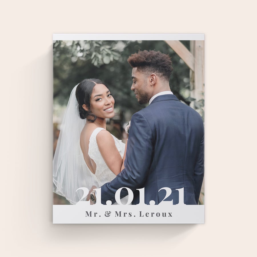 Photo sur toile Toile personnalisée imprimée avec la photo de mariage d'un couple et le texte 21.01.21 Mr. & Mrs. Leroux