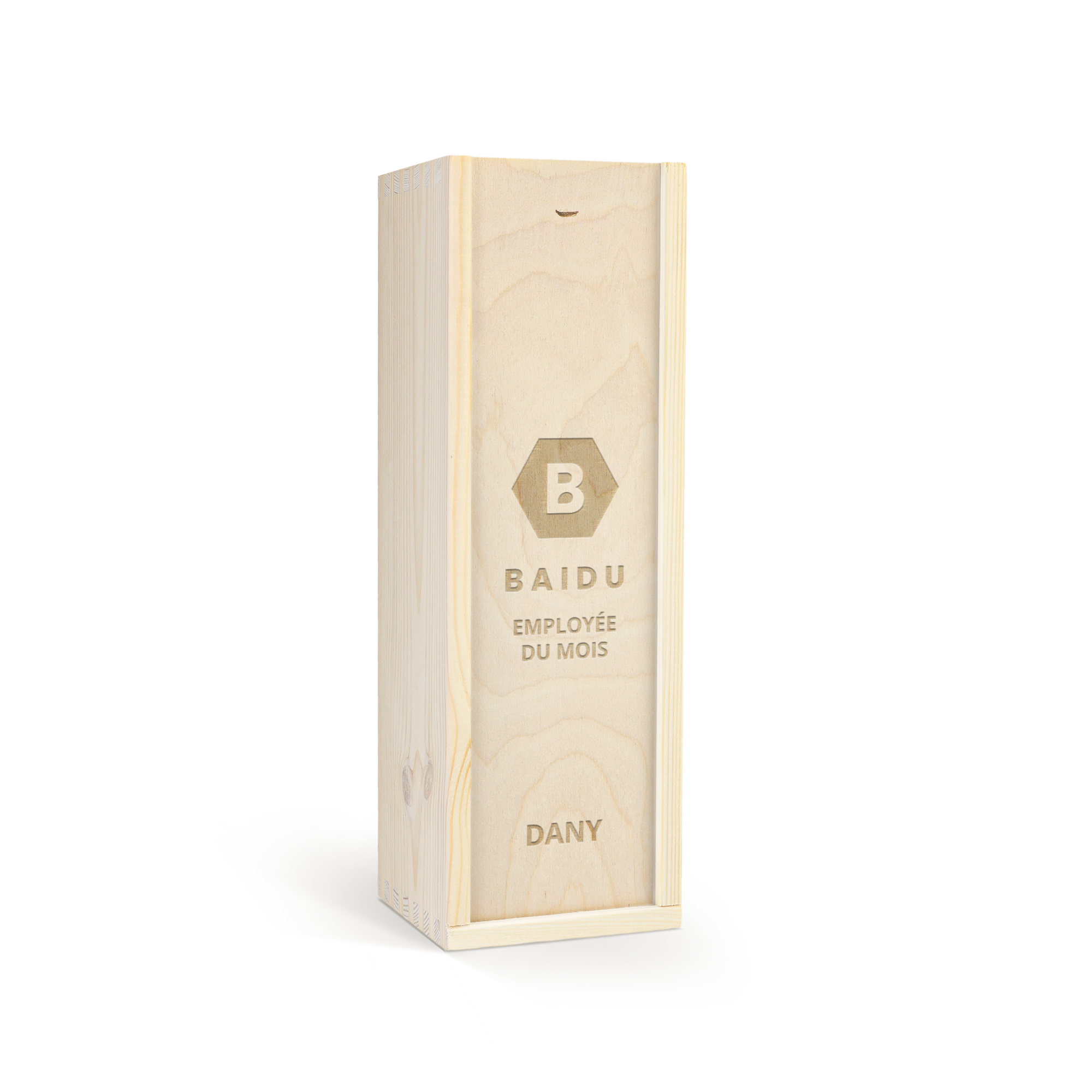 Coffret personnalisé en bois gravé avec logo B, texte Baidu, Employée du Mois et Dany, pour bouteille de vin sans alcool Vintense.
