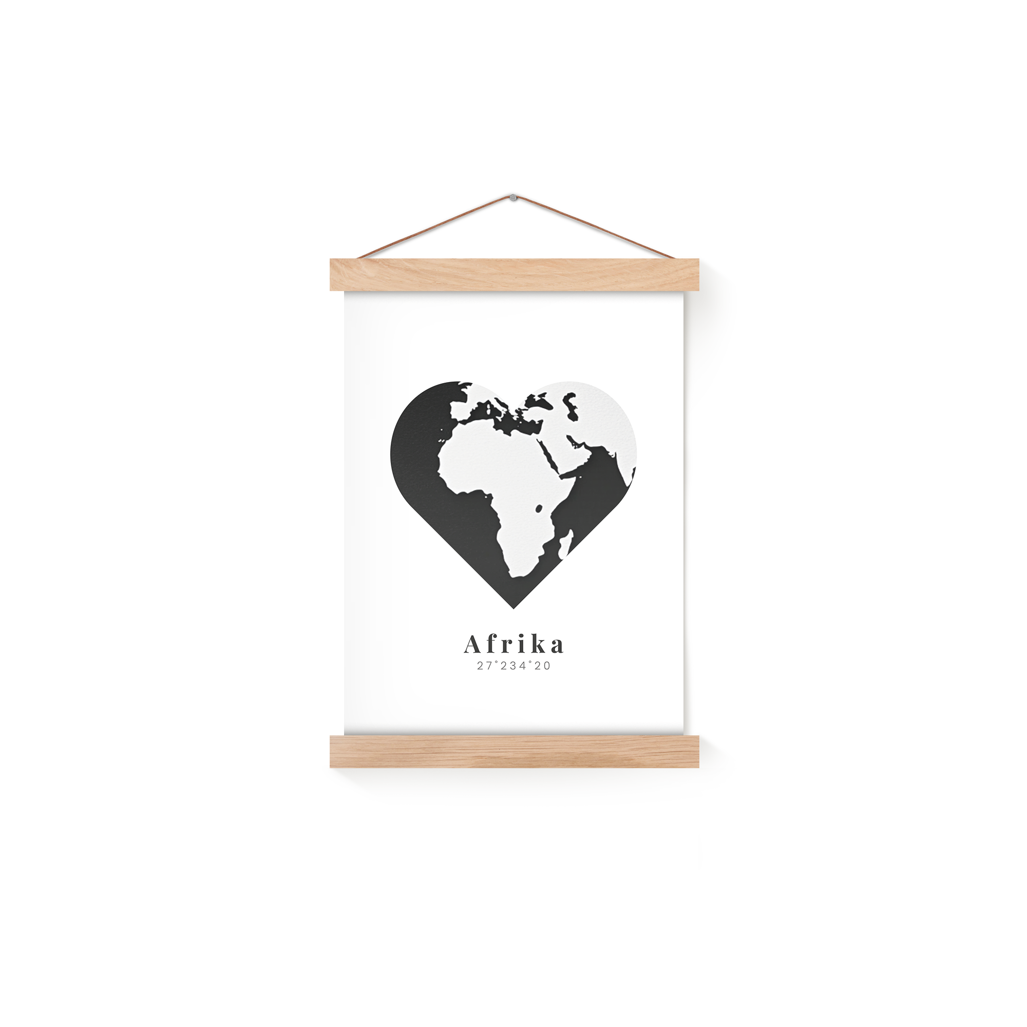 Personalized magnetic poster hanger with a black heart-shaped map of Africa and "Afrika 27°234°20" printed below