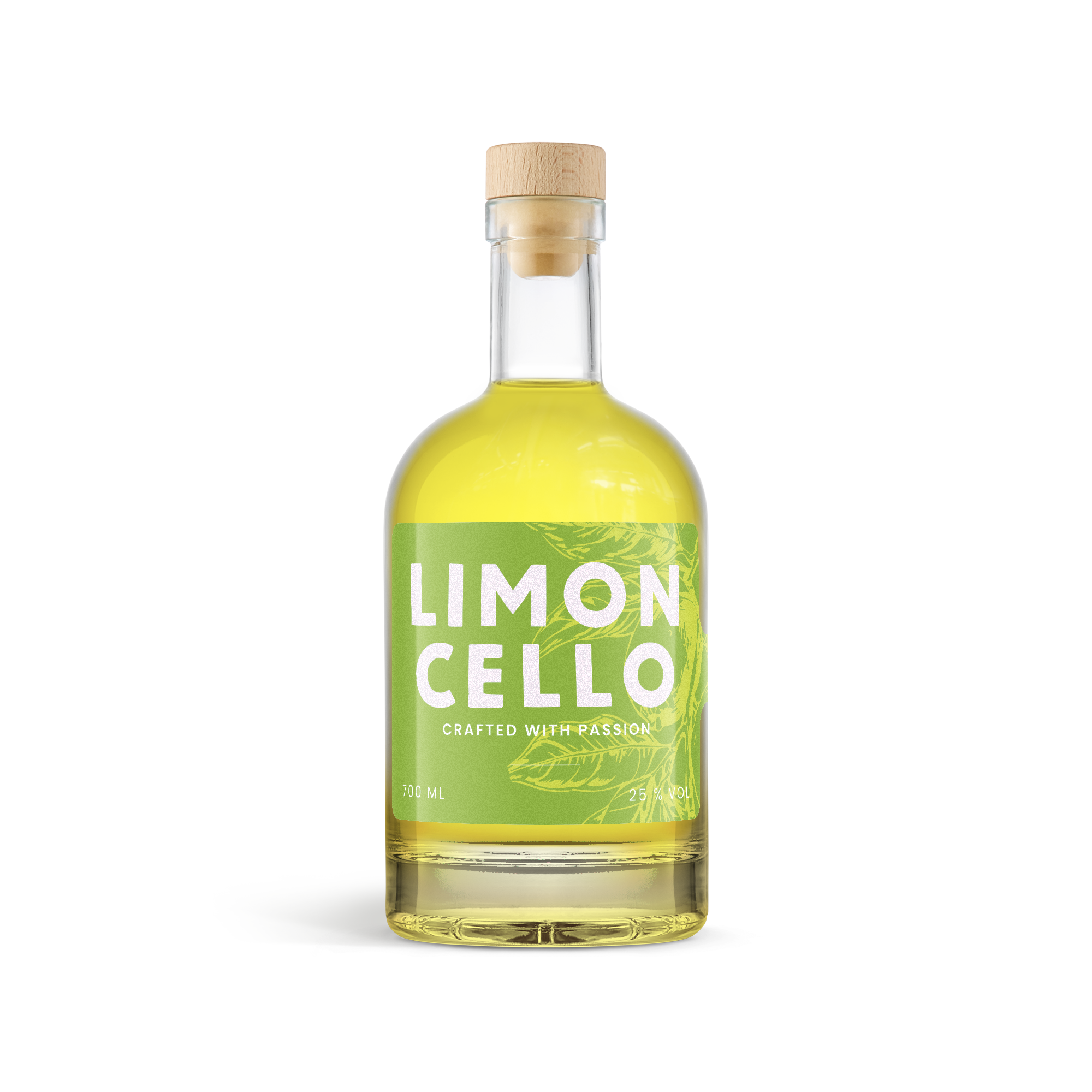 Botella de limoncello personalizado con etiqueta verde que dice LIMONCELLO, Crafted with Passion, 700 ml y 25 % vol.
