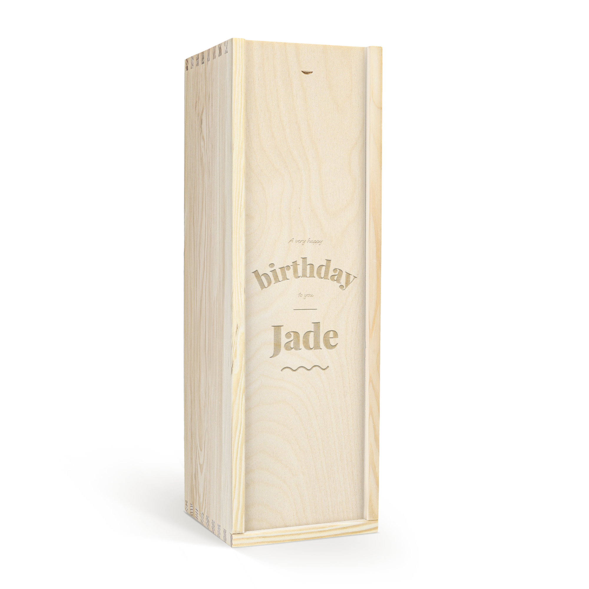 Personalizovaná fľaša whisky The Balvenie v gravírovanom drevenom boxe s menom Jade a textom A very happy birthday to you.