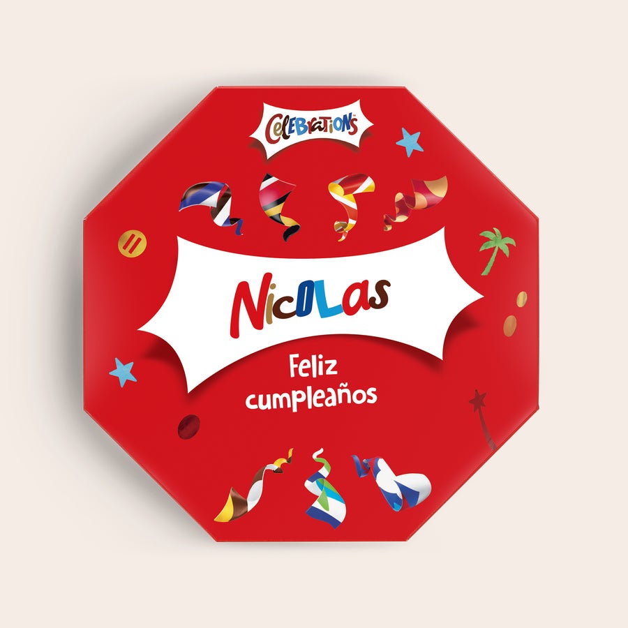 Caja Celebrations con nombre Caja Celebrations personalizada con el nombre Nicolás y el texto Feliz cumpleaños, impresa en un fondo rojo festivo.