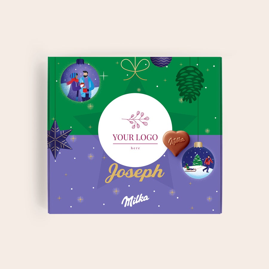 Milka Pralinky Vánoce Personalizovaná dárková krabička Milka s potiskem, jménem Joseph a vánočním motivem pro svátky.