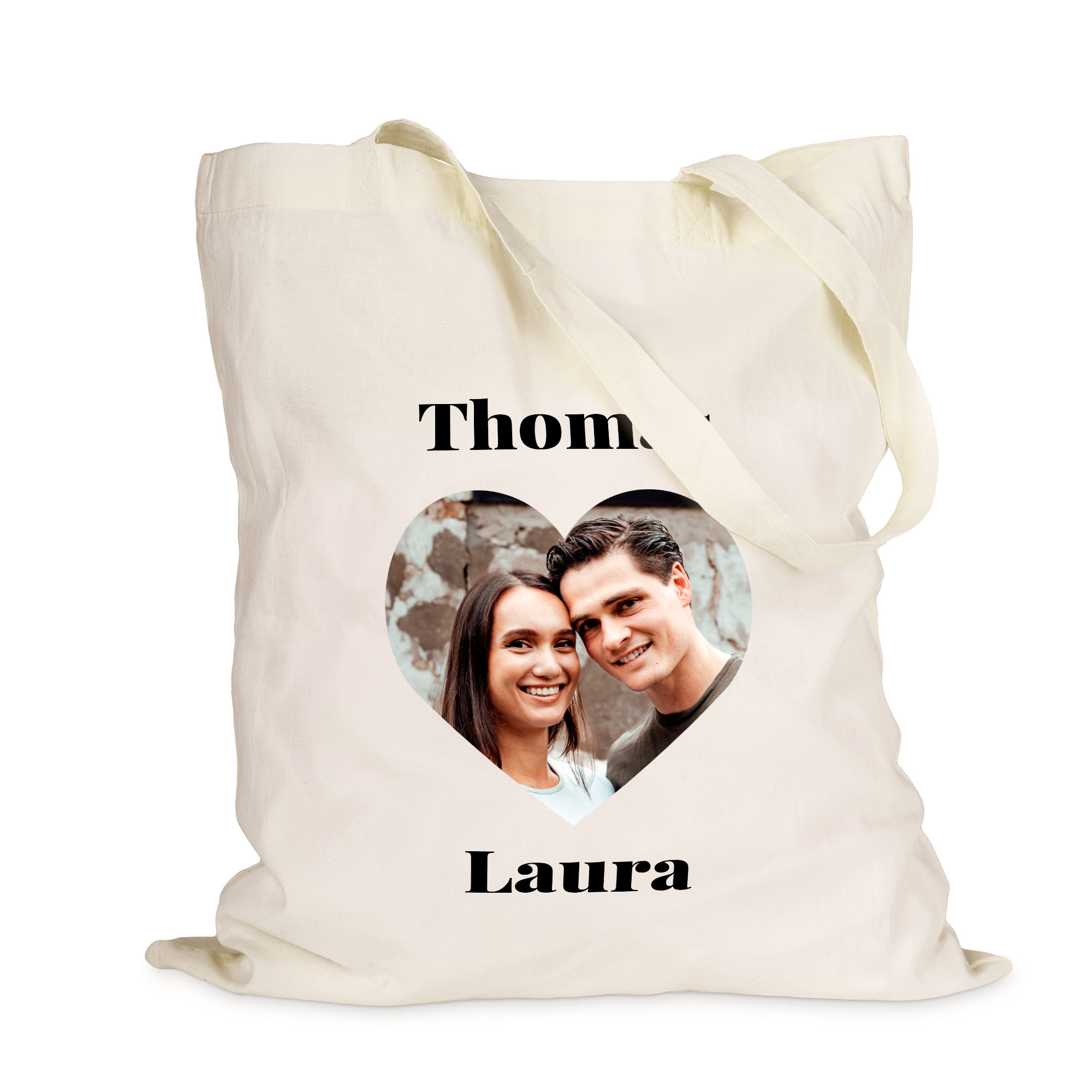 Borsa in tela chiara con stampa fotografica a forma di cuore di una coppia sorridente e nomi personalizzati Thomas e Laura
