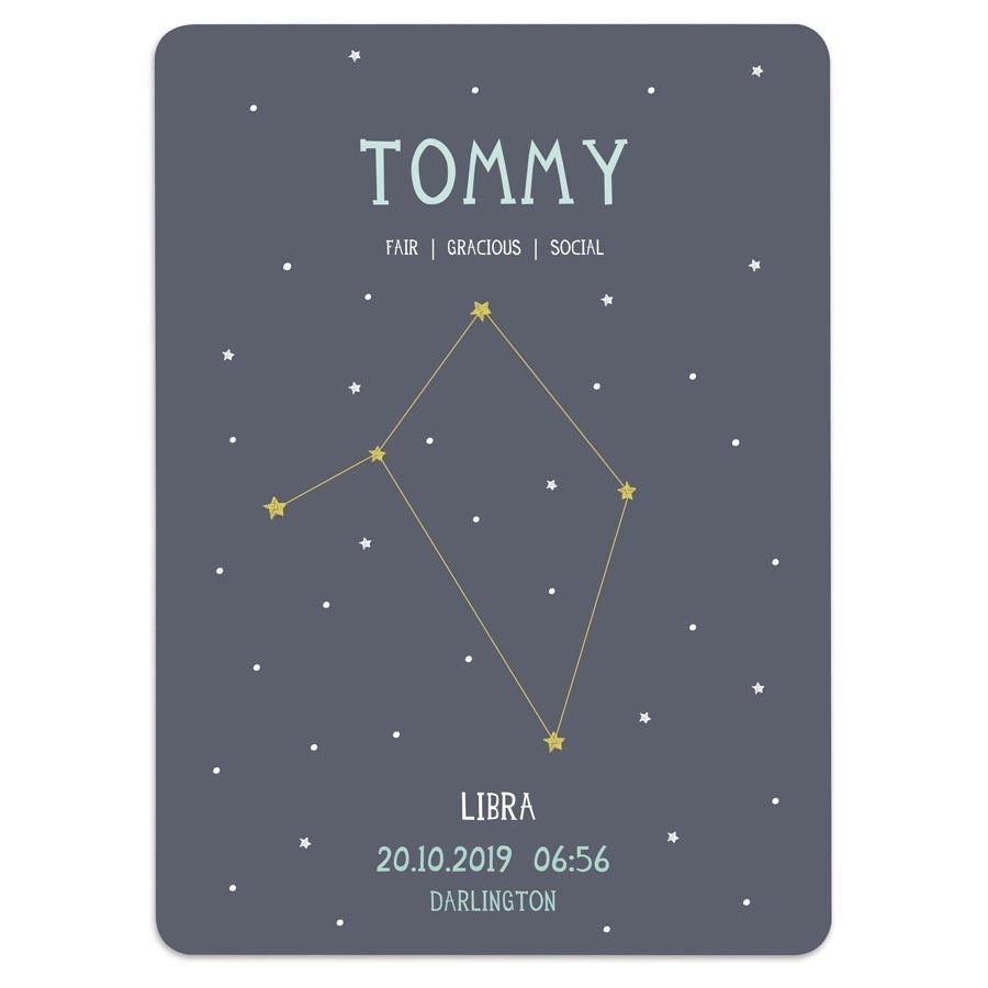 Folha Milestone® personalizada para decorar o quarto do bebê, com nome Tommy, signo Libra e data de nascimento 20.10.2019.