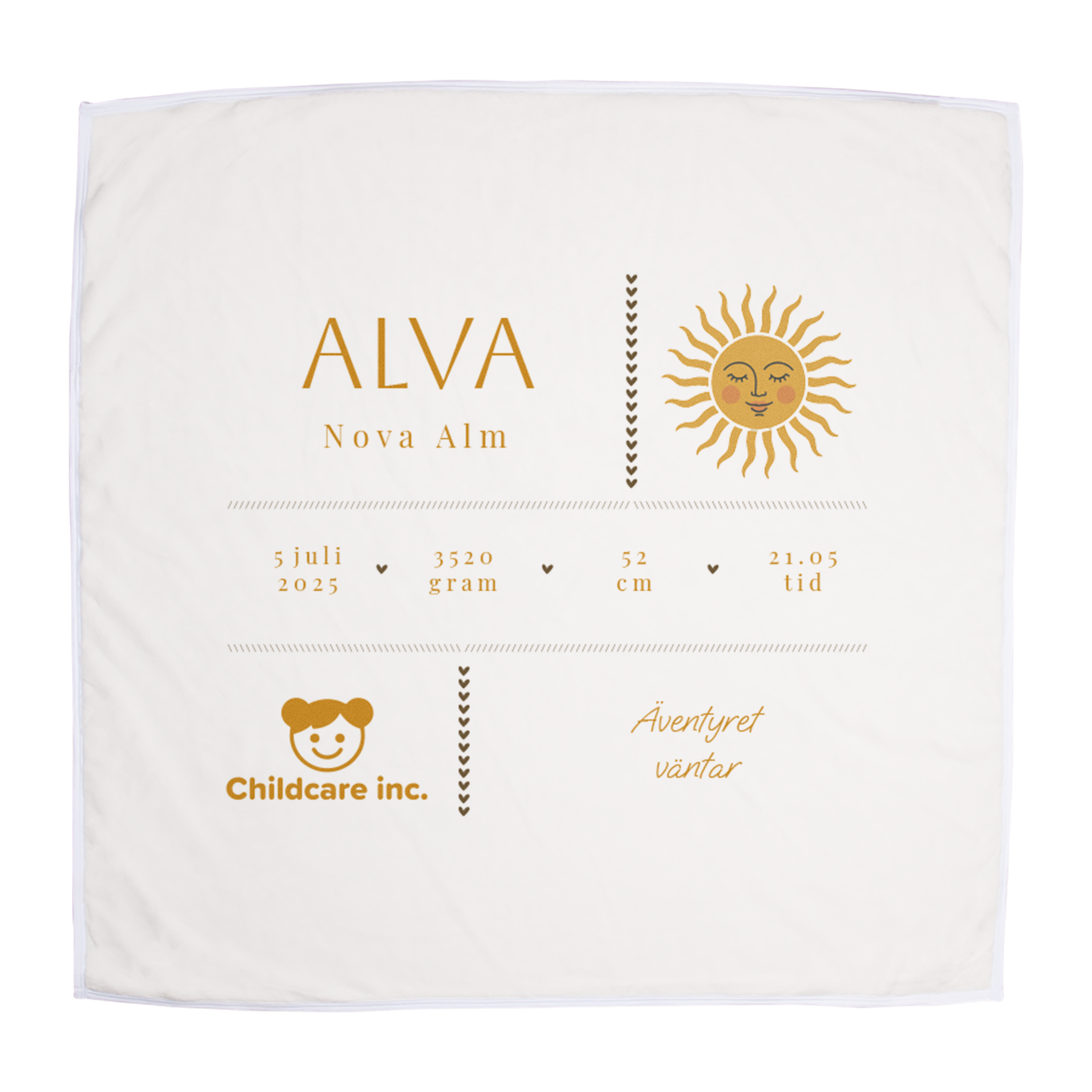 Babyfilt med namn "Alva Nova Alm", födelsedatum, vikt och längd tryckt med text och solmotiv