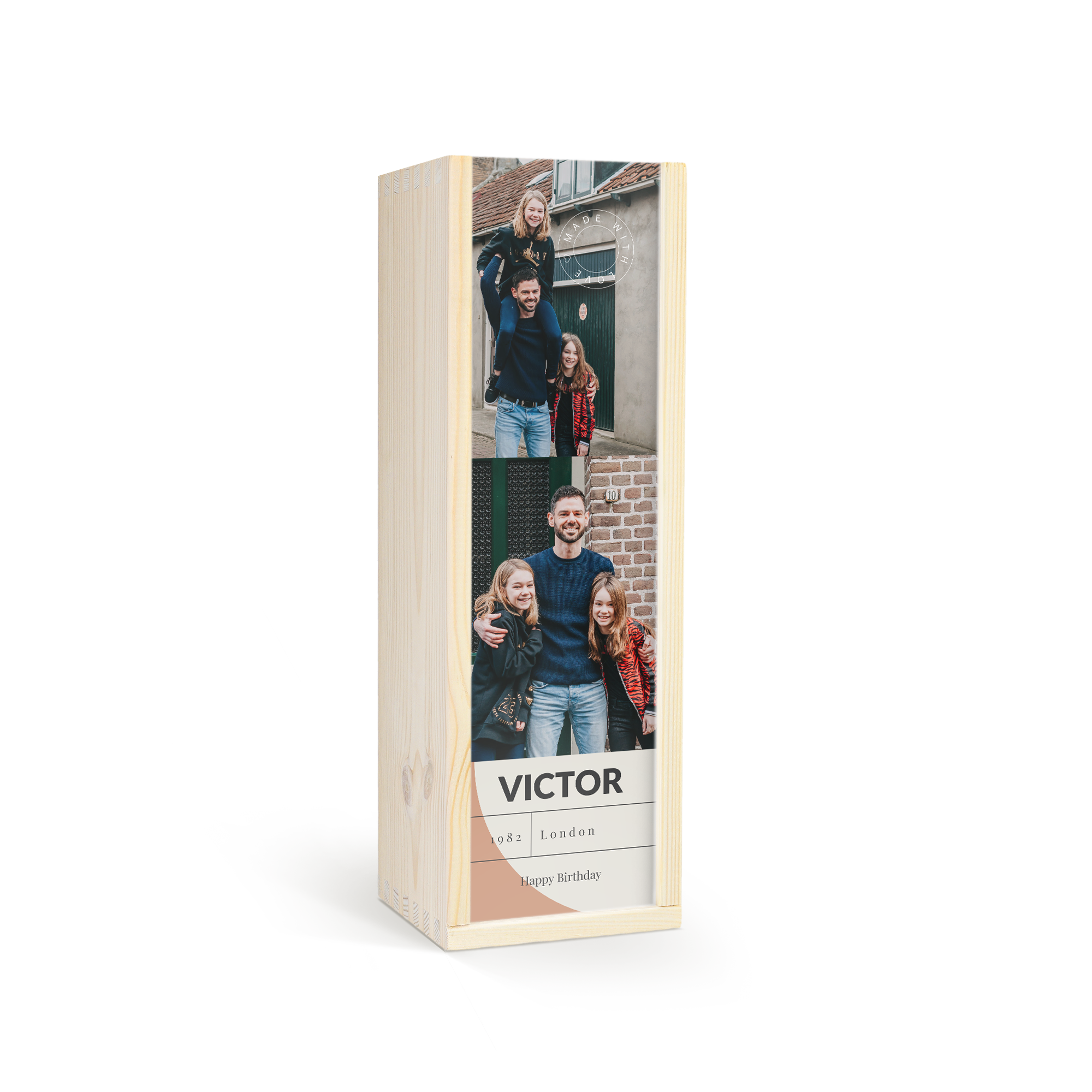 Confezione regalo personalizzata con Whisky Jack Daniels Honey con foto stampata di famiglia e il nome Victor