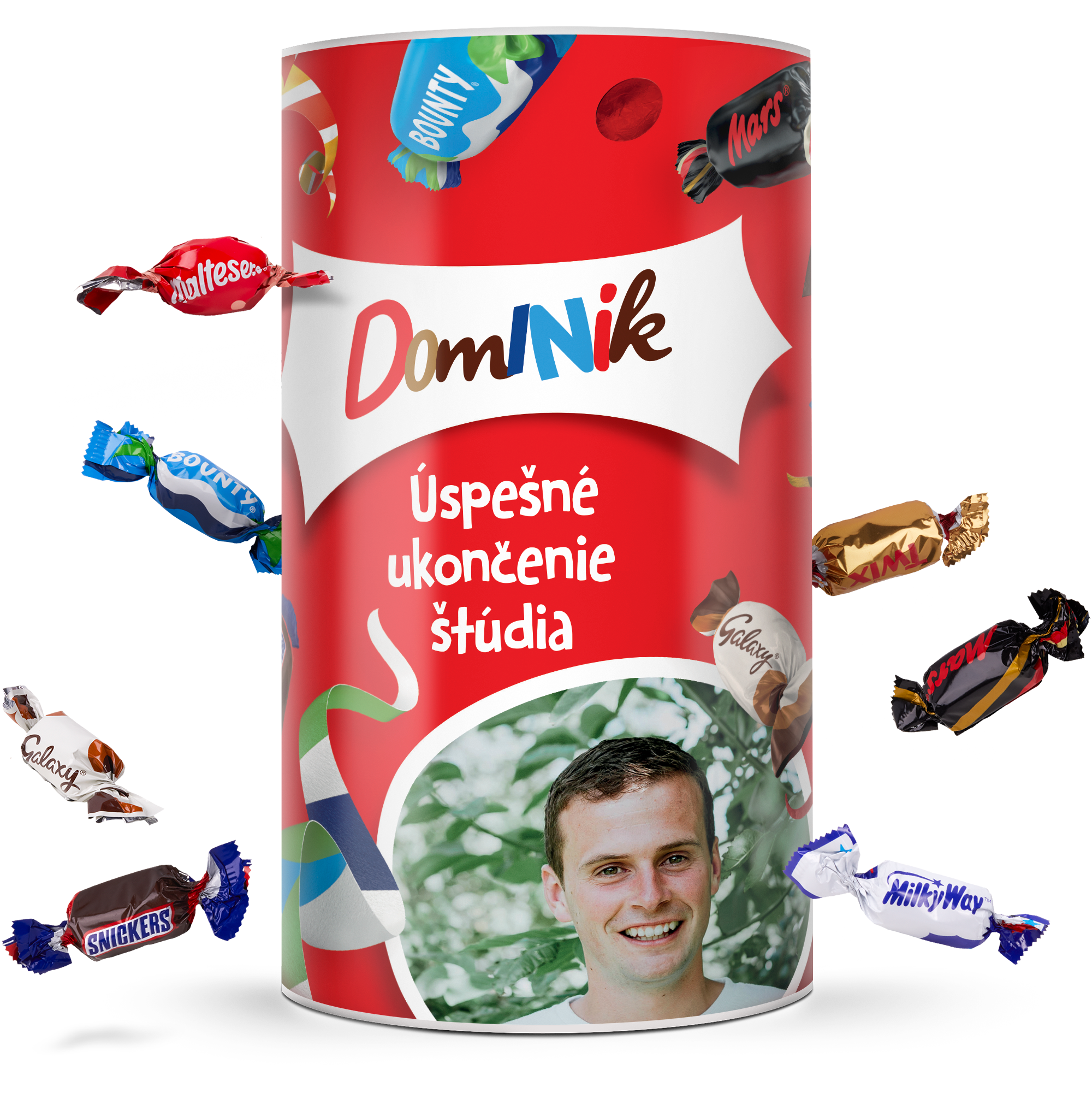 Personalizovaná fľaša Celebrations sa sladkosťami s potlačou mena Dominik, fotky a textu 