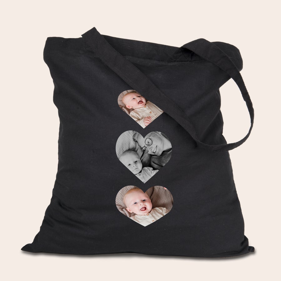 Tote bag personnalisé photo Tote bag personnalisé en coton bio noir imprimé avec 3 photos de bébé et maman en forme de cœur