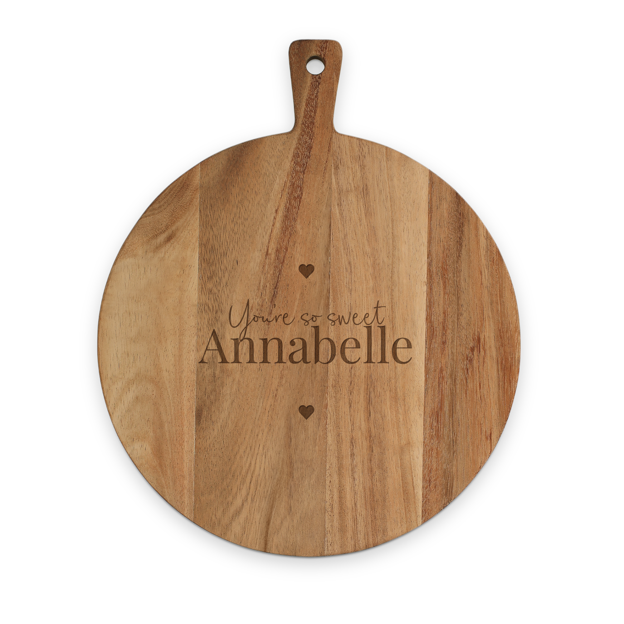 Platou rotund din lemn de tec, gravat cu mesajul "You're so sweet Annabelle" și două inimioare, cu mâner.