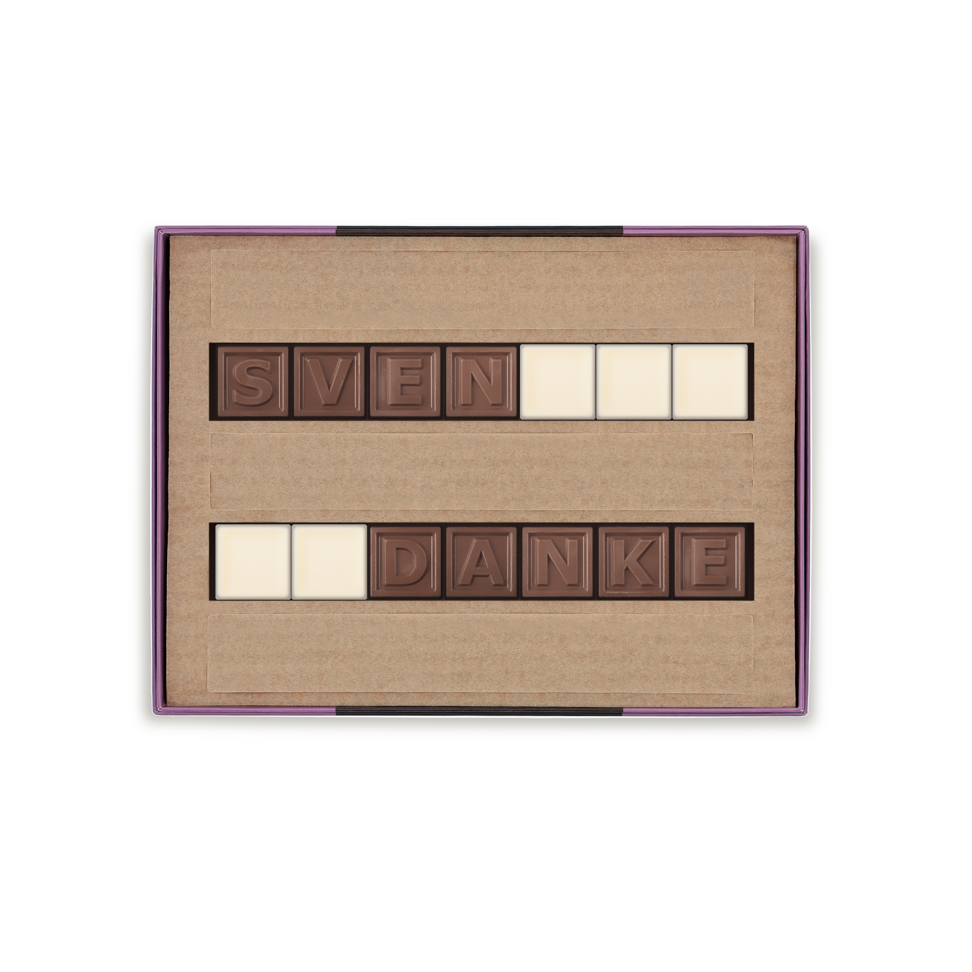 Genieße ein persönliches Schokoladentelegramm mit der Nachricht "SVEN DANKE" in Milch- und weißer Schokolade