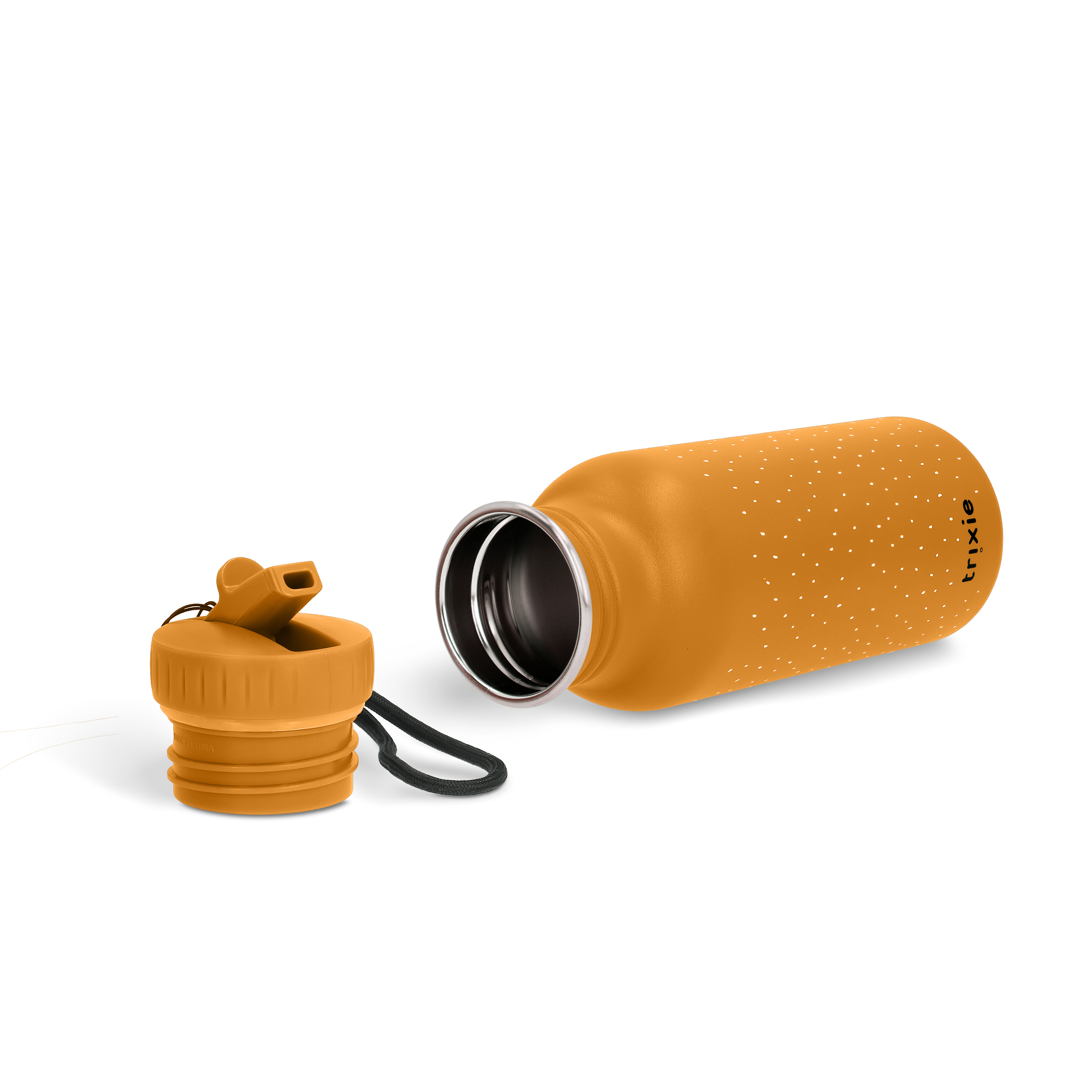 Botella de agua personalizada de animales Trixie naranja con puntos blancos, tapa y cordón, con nombre grabado.