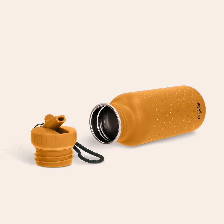 Trinkflasche Kinder mit Namen Braune personalisierte Kinder-Trinkflasche mit weißen Punkten und Namen per Lasergravur.