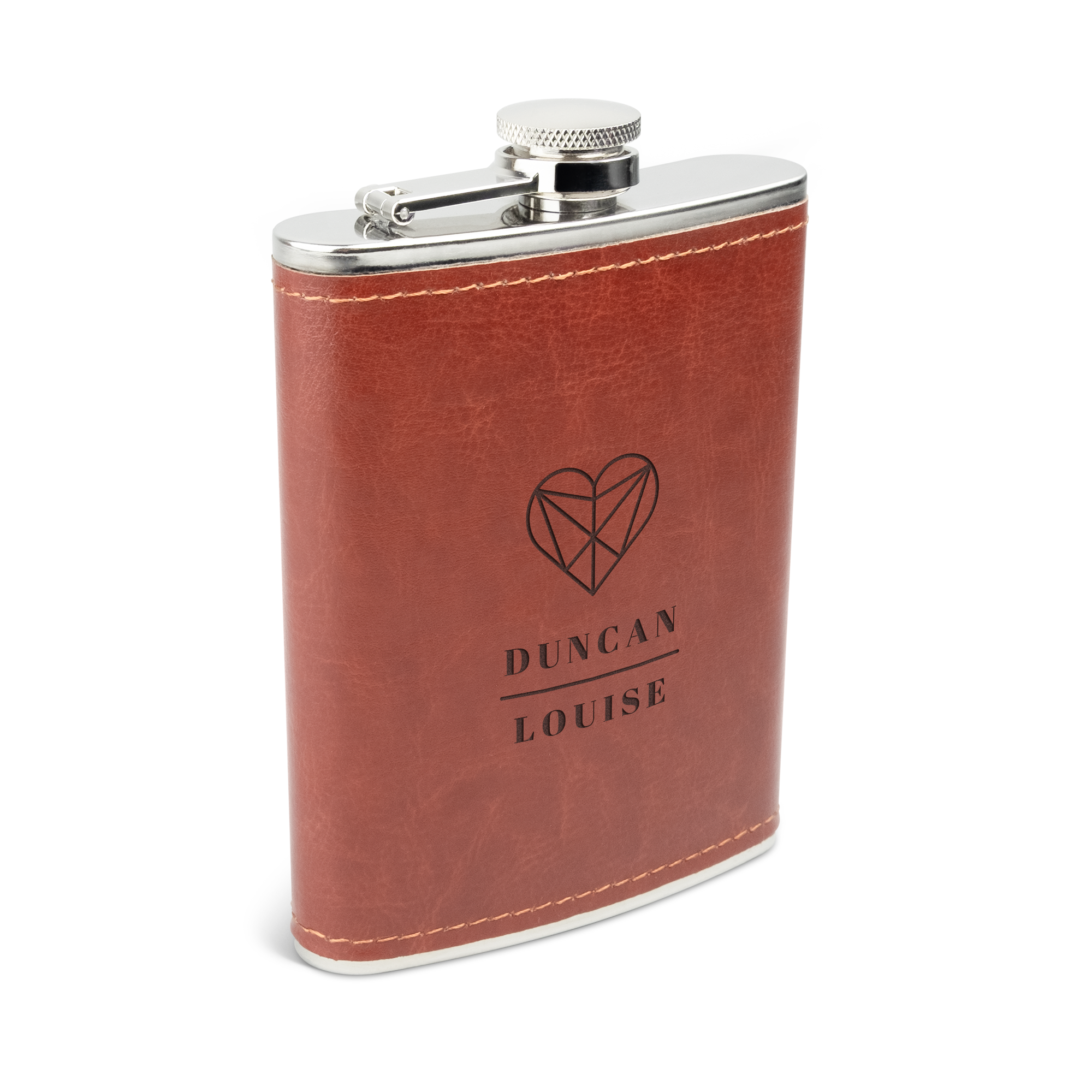 Luxe bruine leren gegraveerde heupfles met de namen Duncan en Louise en hartdesign
