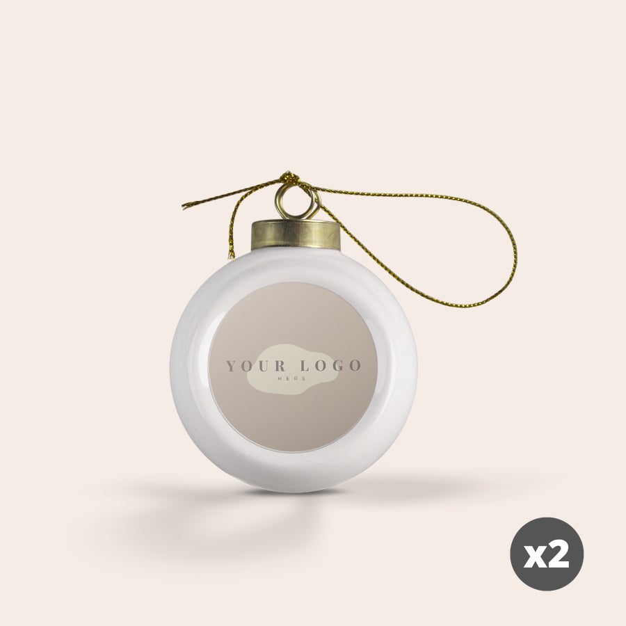 Christmas Baubles – Ceramic (2 pcs) White personalized Christmas bauble with a gold hanger and a printed customizable logo area
