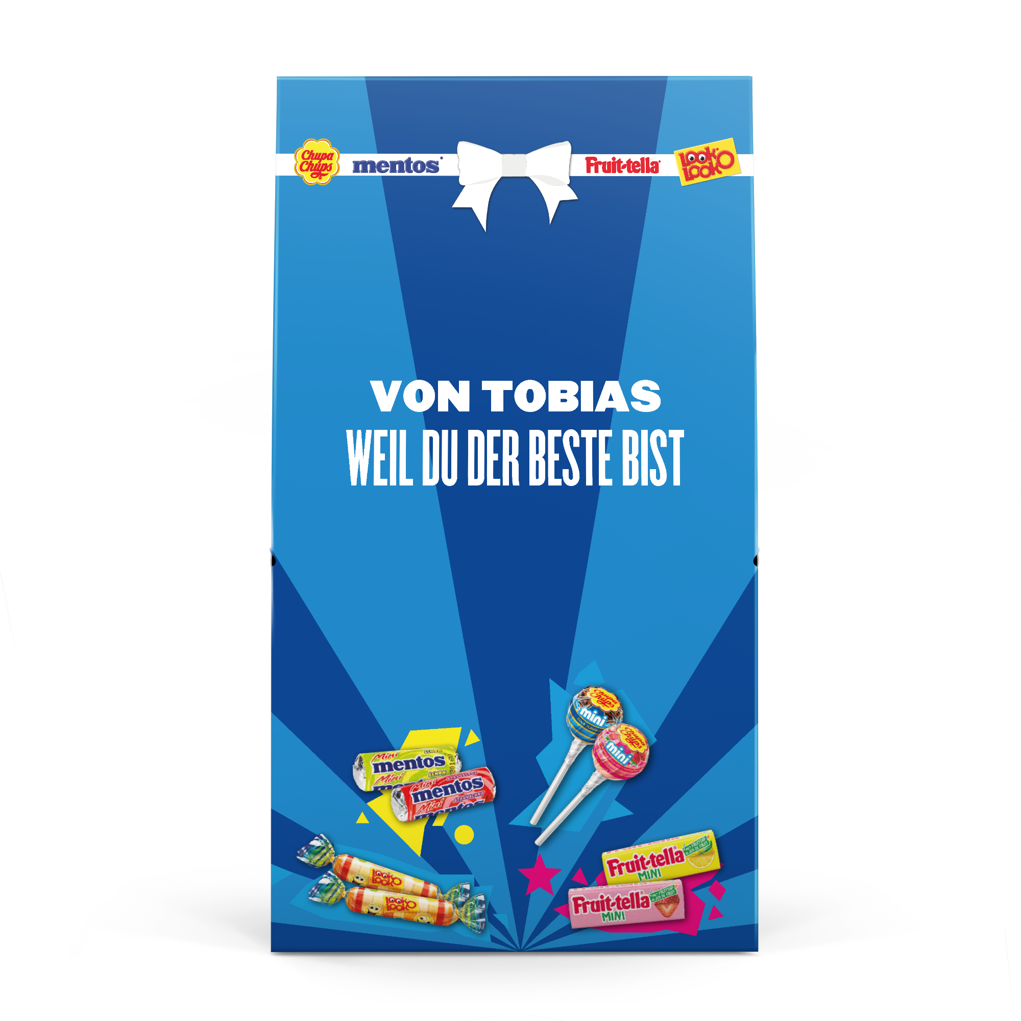 Personalisierte Fruit-tella-Bonbonmischung, bedruckt mit "Von Tobias Weil du der Beste bist".