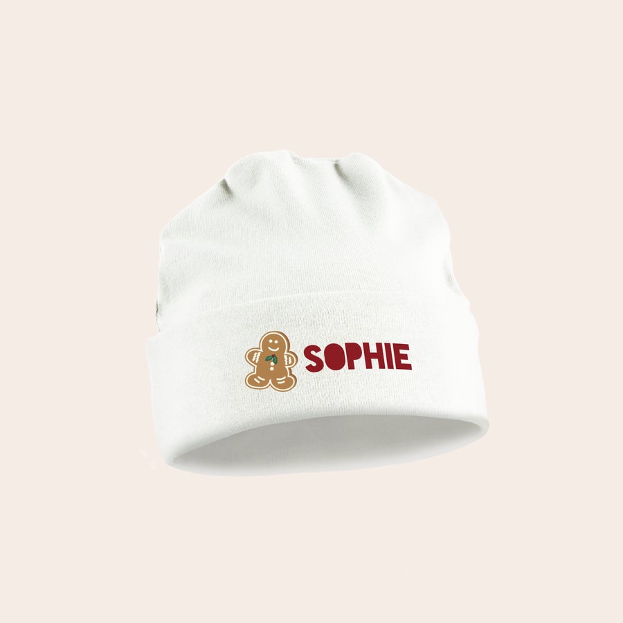 Gorro de bebê personalizado - Primeiro Natal - Branco Gorro de bebê personalizado branco com desenho de biscoito de gengibre e nome Sophie impresso