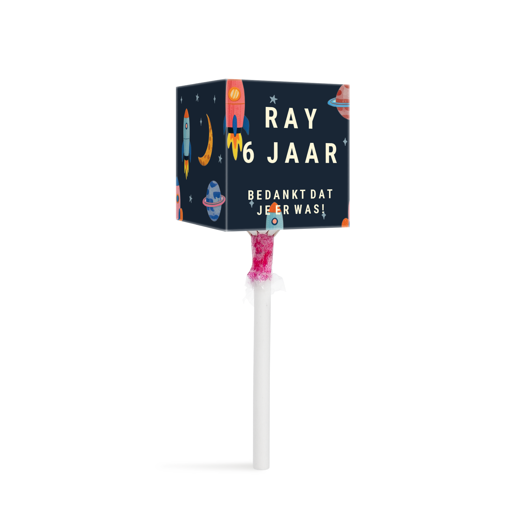 Lolly box bedrukken 20 stuks met ruimte thema, naam Ray 6 jaar en de tekst Bedankt dat je er was