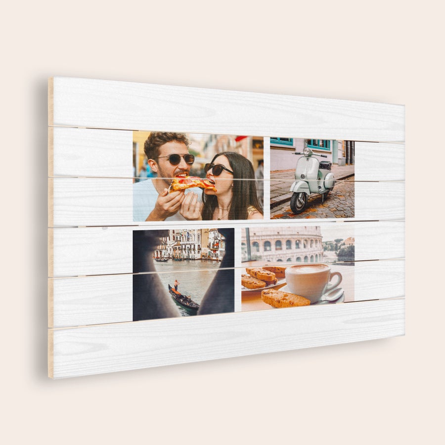 Photo on wood Whitewashed wooden planks with a photo collage print showing a couple eating pizza a scooter a gondola and coffee