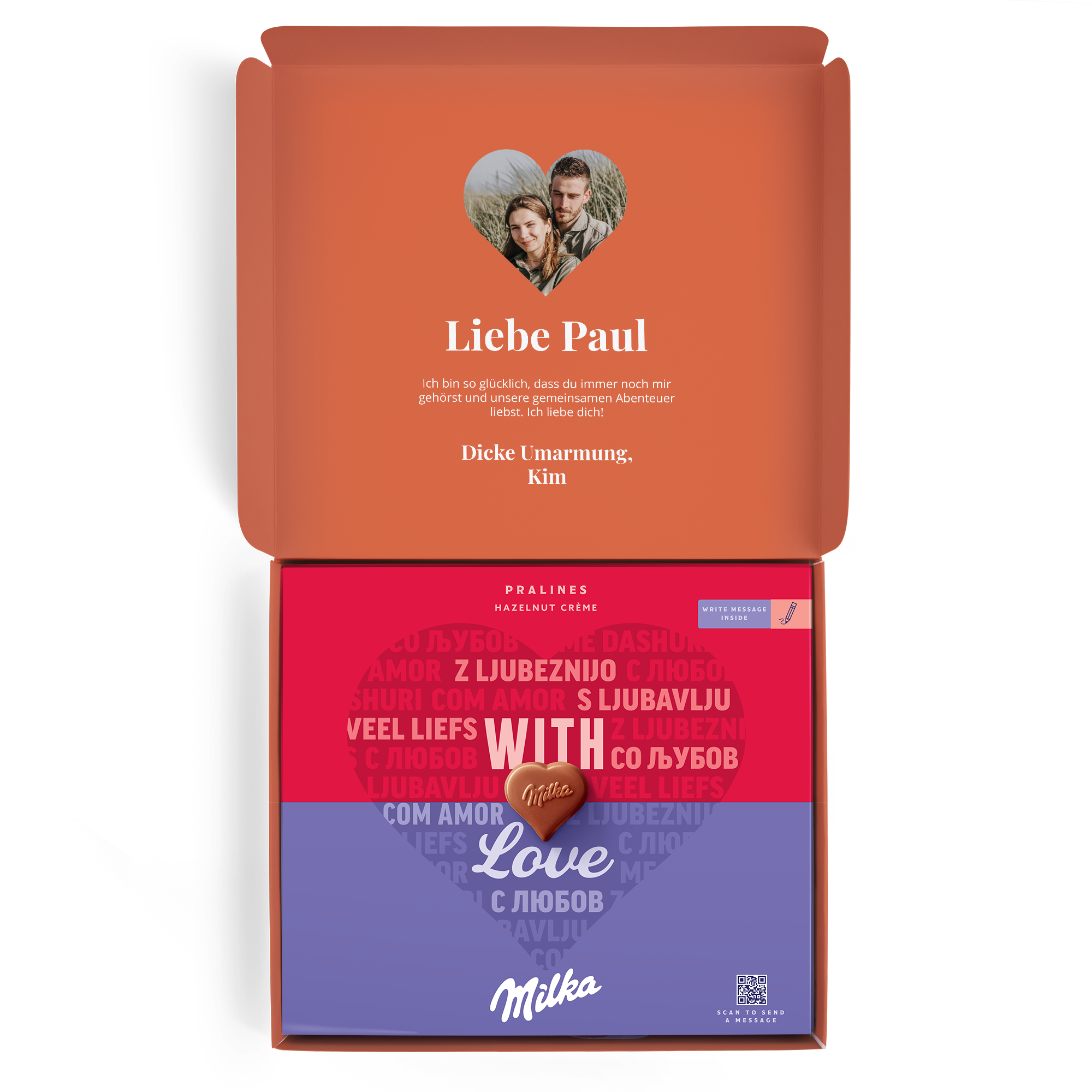 Personalisierte Milka-Geschenkbox mit Foto von Paar und Nachricht "Liebe Paul" innen, ideal um deinen Liebsten zu überraschen.