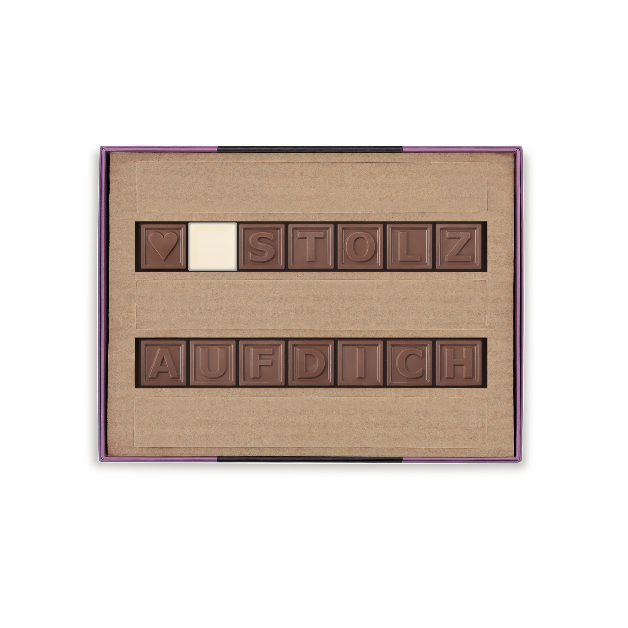 Ein persönliches Schokoladentelegramm mit der Nachricht Herz Stolz auf dich in einem Geschenkkarton.