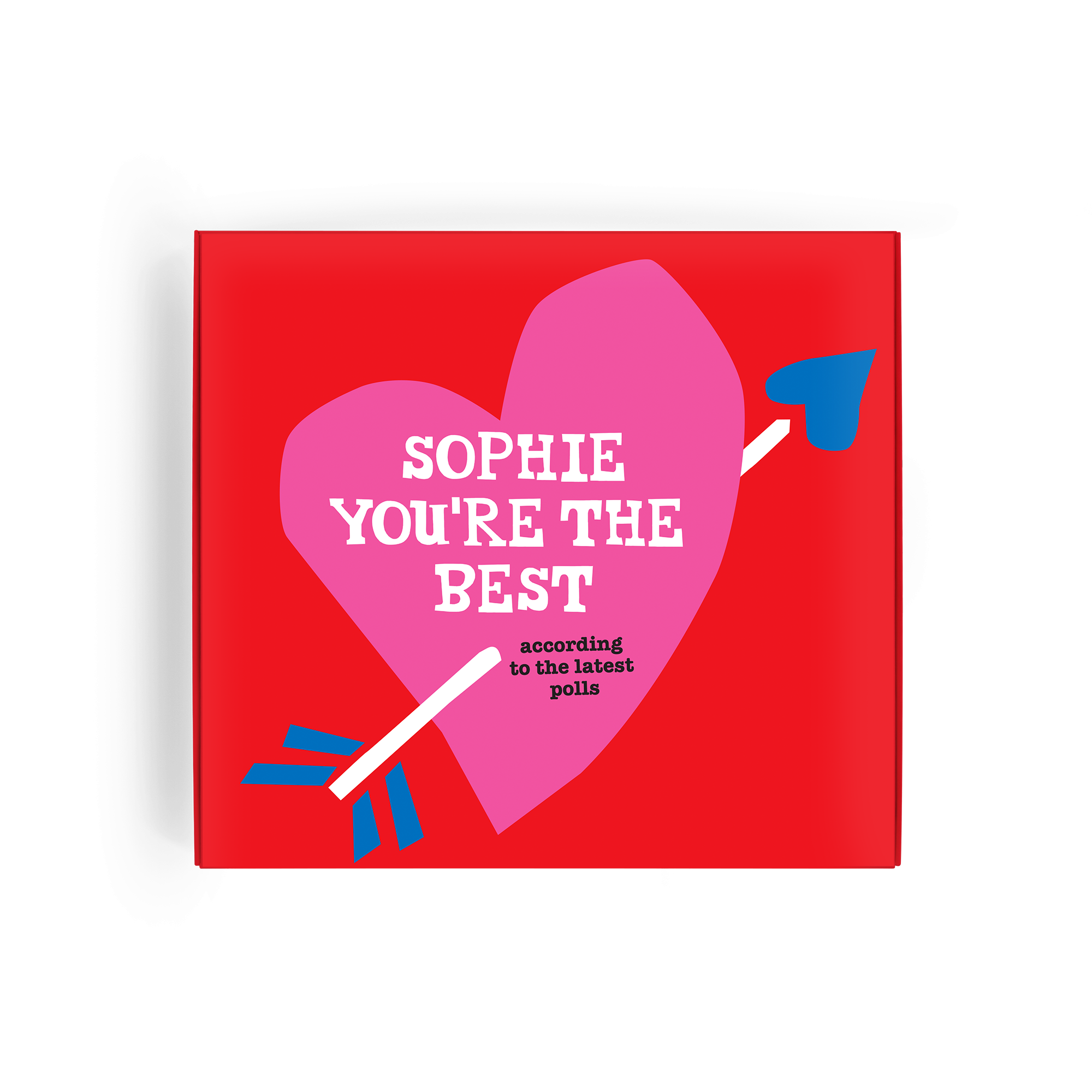 Caja de regalo personalizada Tony's Chocolonely, tema de amor rojo, con corazón rosa y flecha azul. Impreso con el nombre Sophie.