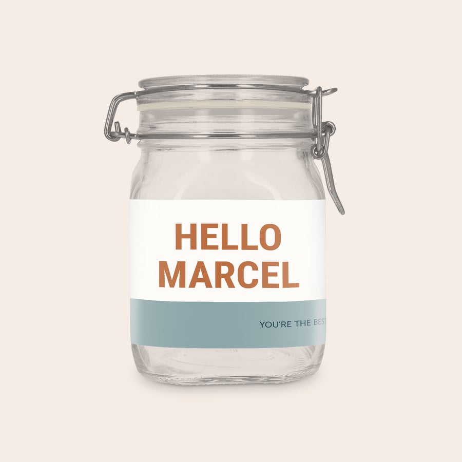 Glass jar with lid - personalised Personalised glass jar with lid, 1 liter, printed with Hello Marcel and You're the Best text