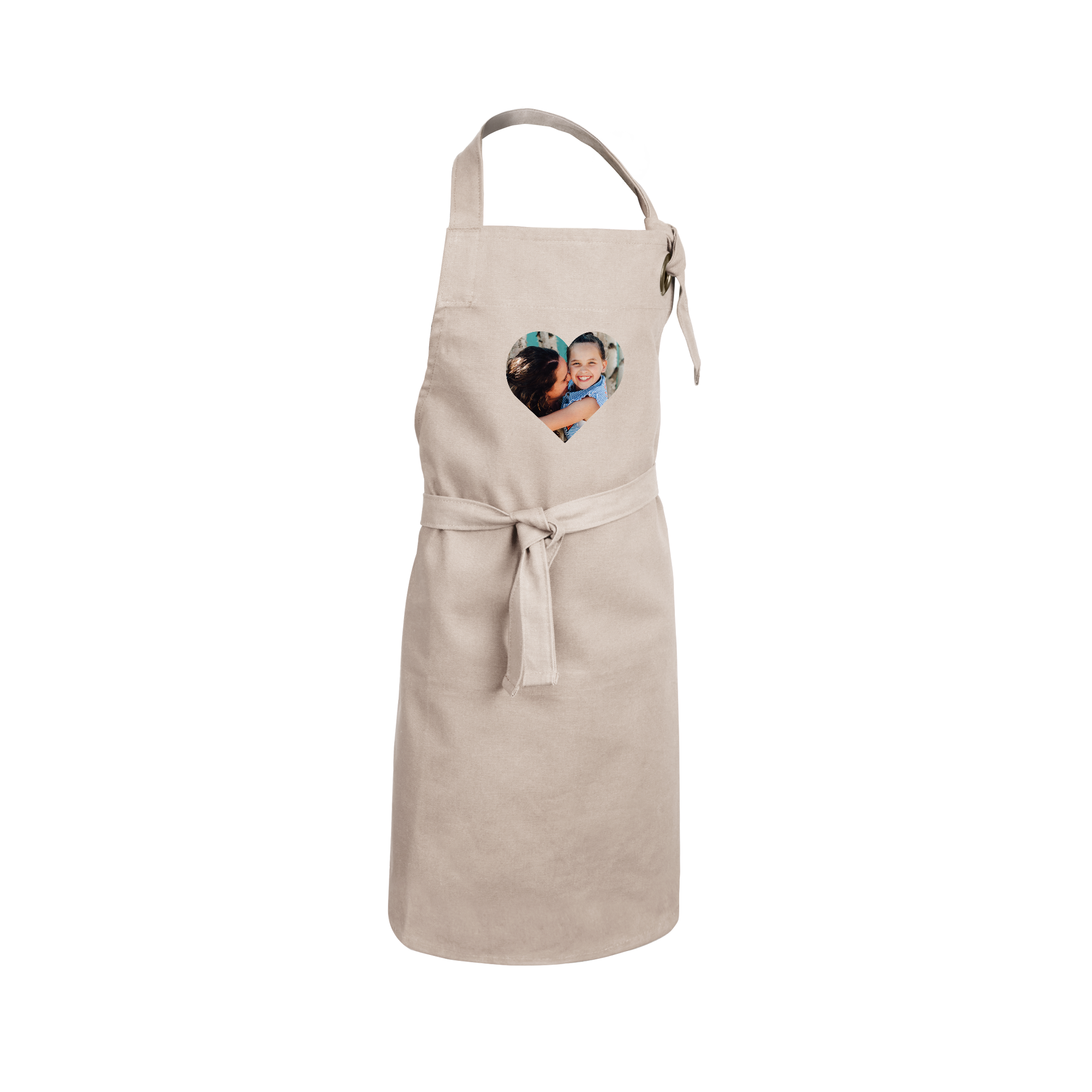 Grembiule da cucina personalizzato beige con foto stampata di due bambini in un cuore anche il più piccolo chef può cucinare stellato con un grembiule personale