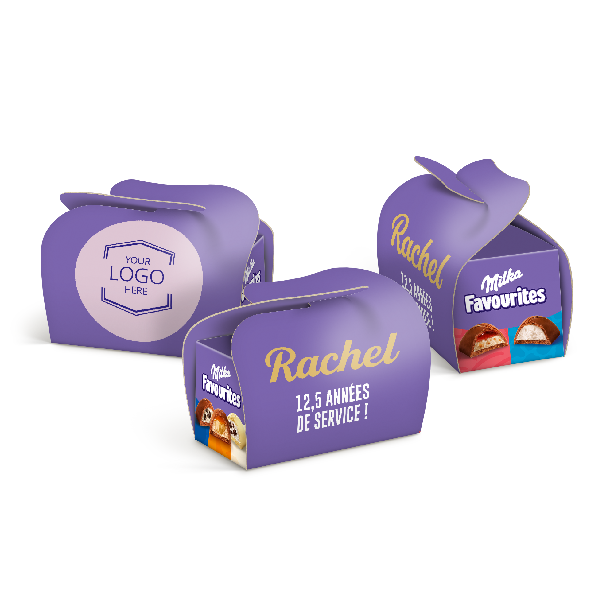 Boîte de chocolat Milka Favourites violette personnalisée, avec logo et texte imprimés.