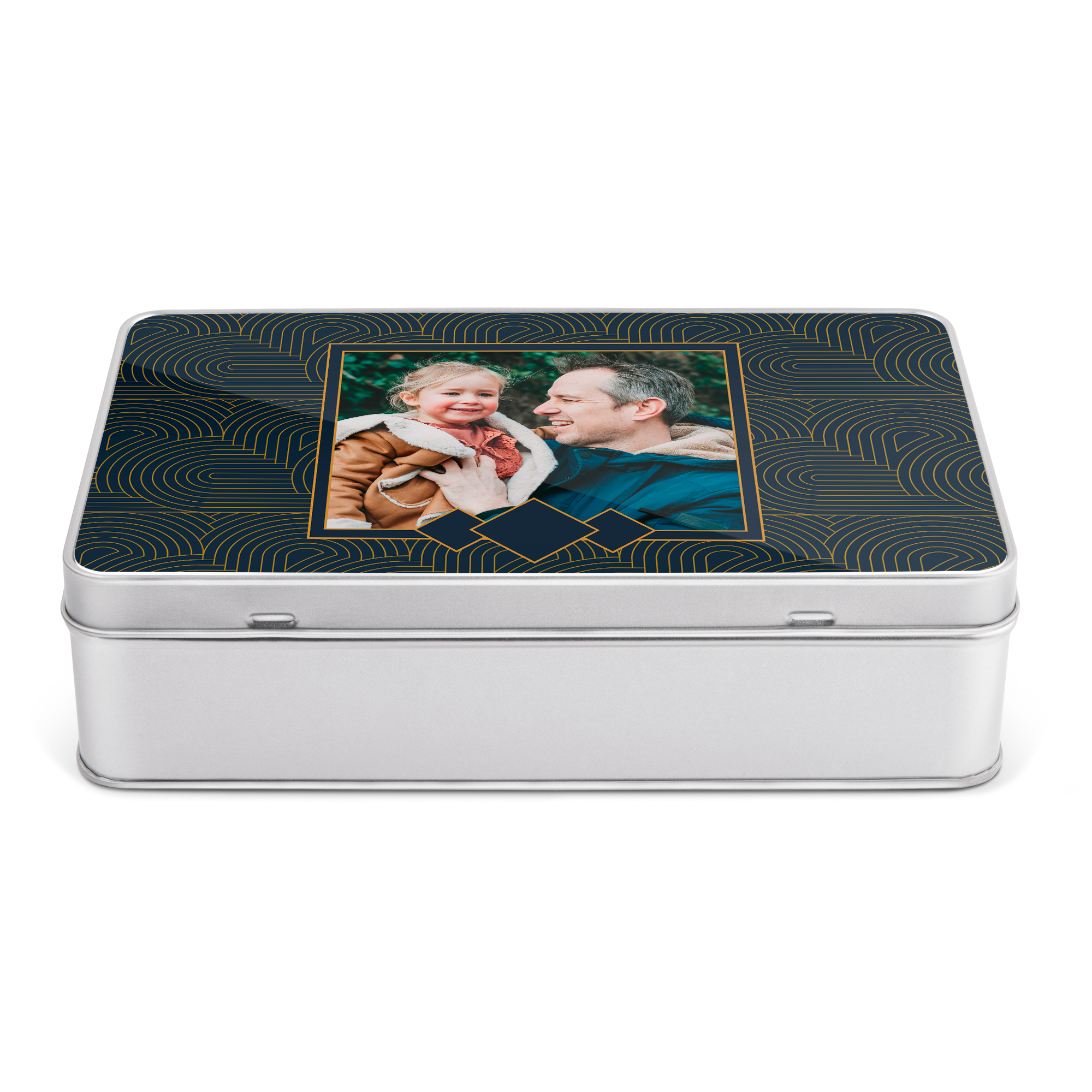 Rectangular personalized gift tin for Oreo, printed with a photo of a man and child.