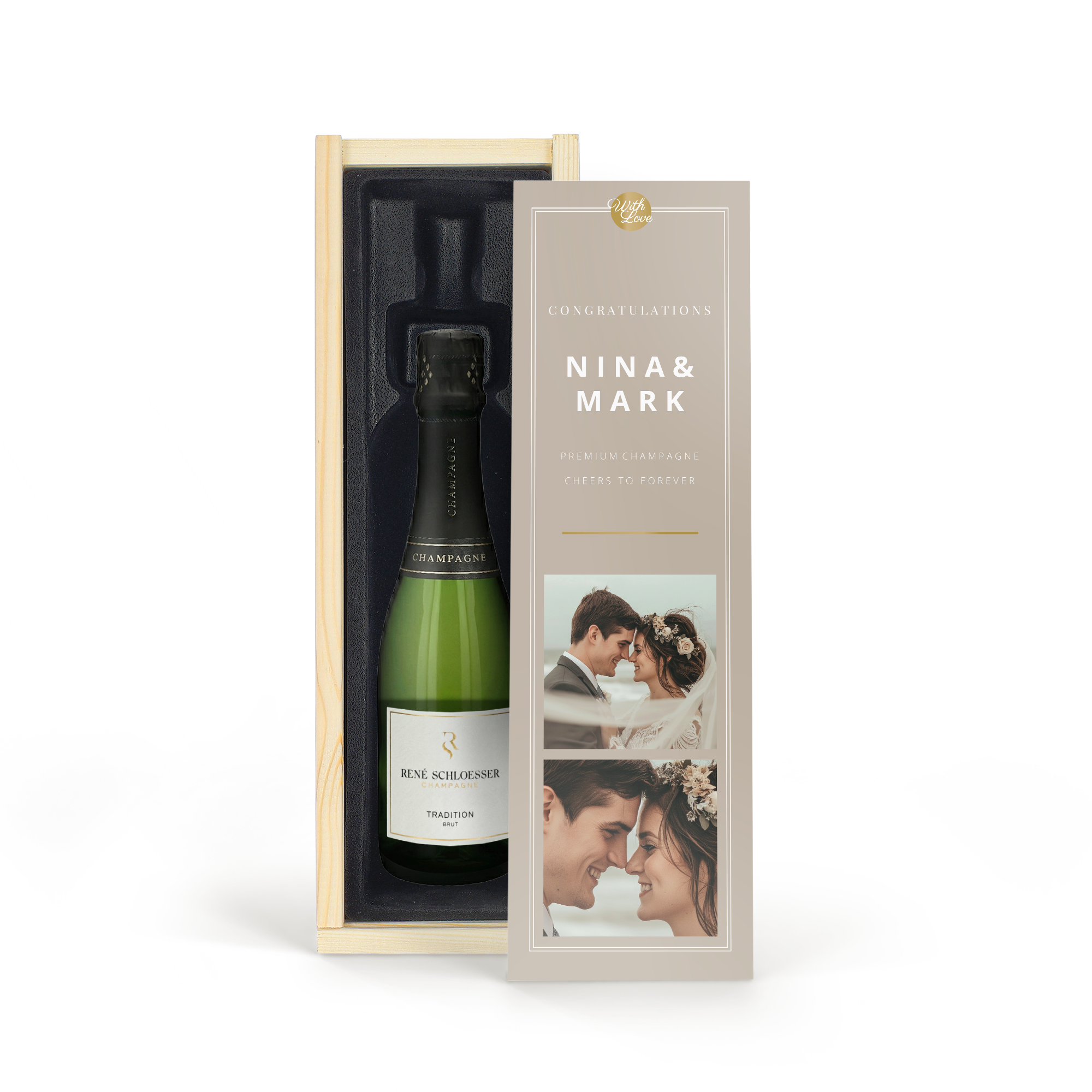 Champagne in personalised wooden case René Schloesser (375ml) with a custom printed photo and text Nina & Mark