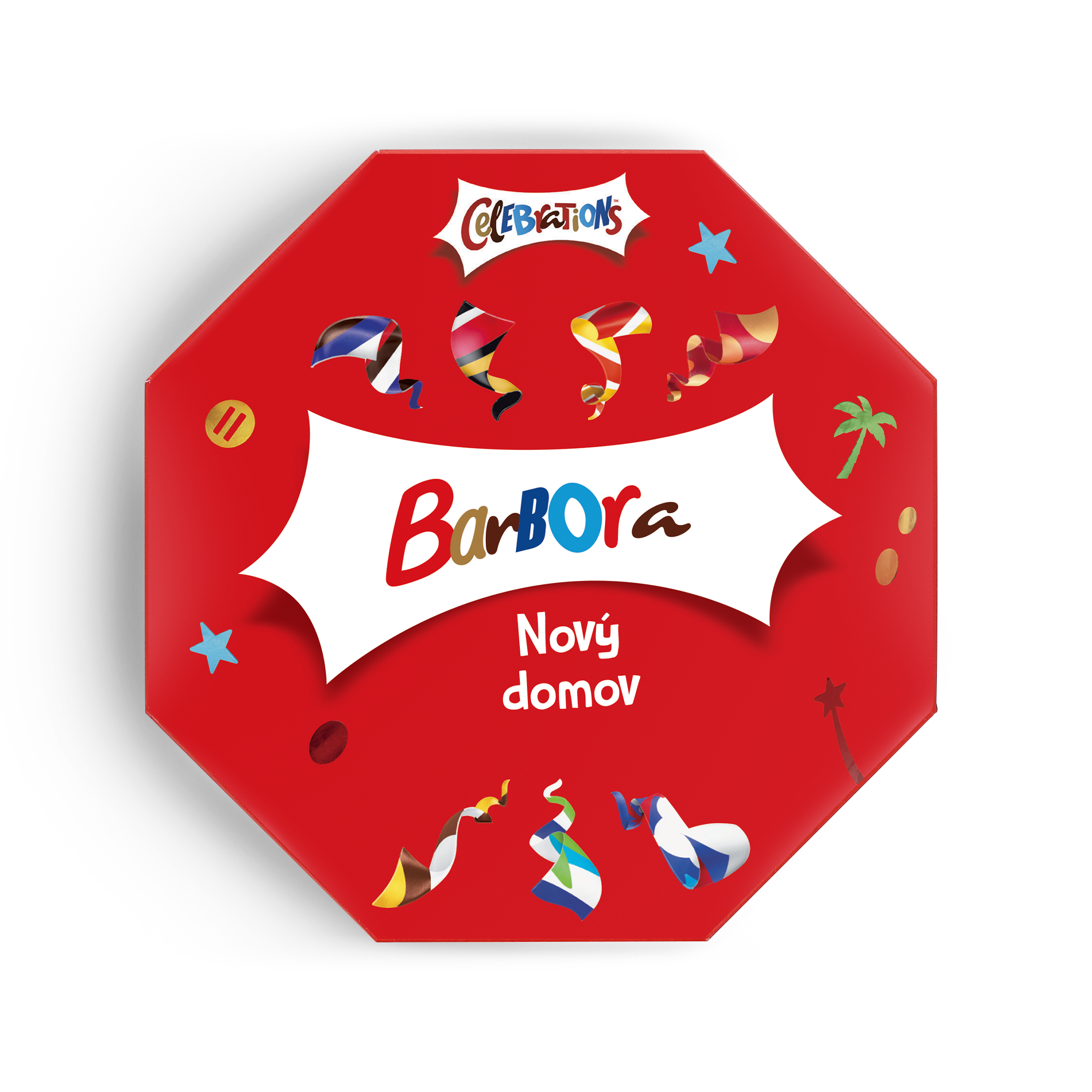 Červená personalizovaná krabička Celebrations potlačená menom Barbora a textom Nový domov.